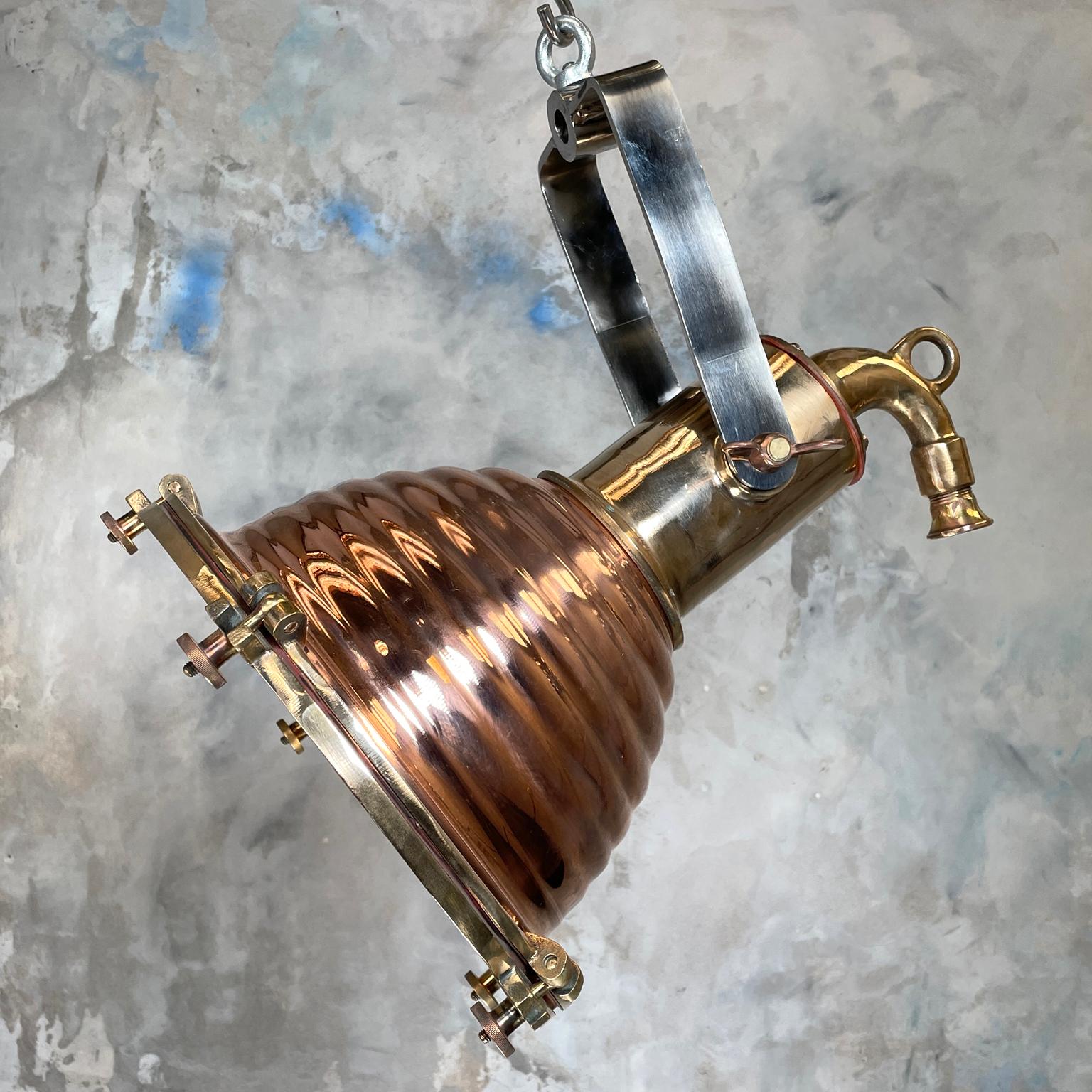 1970s German Wiska Spun Copper and Cast Brass Fluted Cargo Ceiling Pendant Light 9
