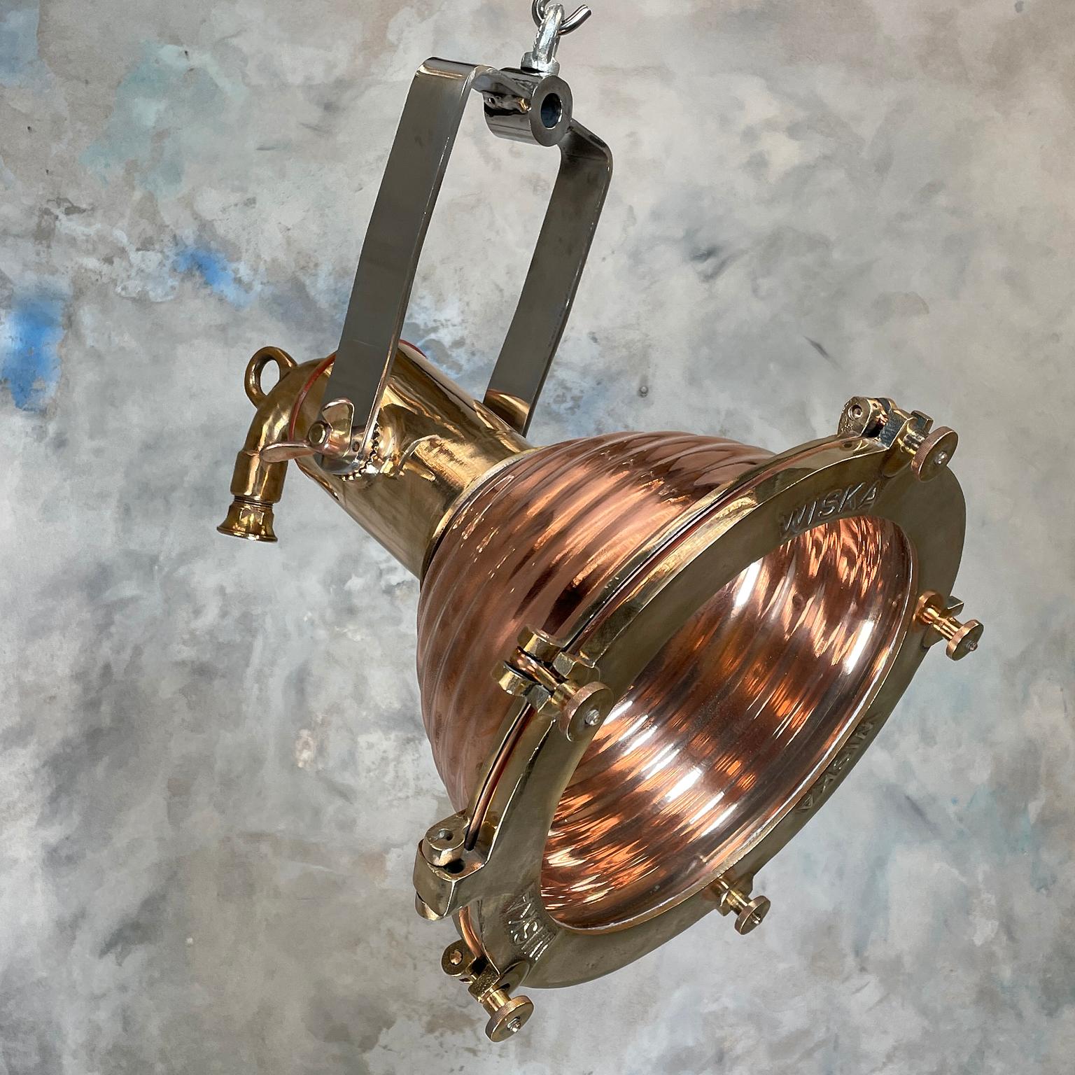 1970s German Wiska Spun Copper and Cast Brass Fluted Cargo Ceiling Pendant Light 10