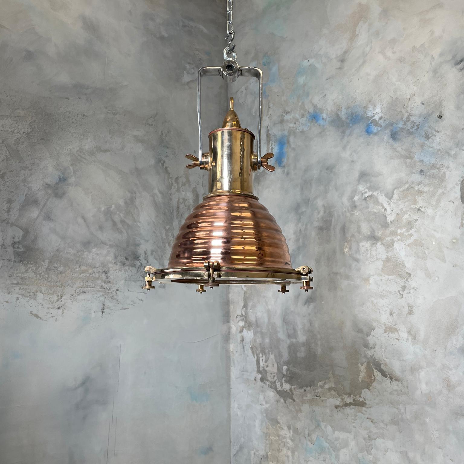 1970s German Wiska Spun Copper and Cast Brass Fluted Cargo Ceiling Pendant Light 12
