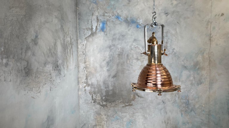 1970s German Wiska Spun Copper and Cast Brass Fluted Cargo Ceiling Pendant Light For Sale 14