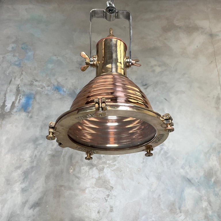 Industrial 1970s German Wiska Spun Copper and Cast Brass Fluted Cargo Ceiling Pendant Light For Sale