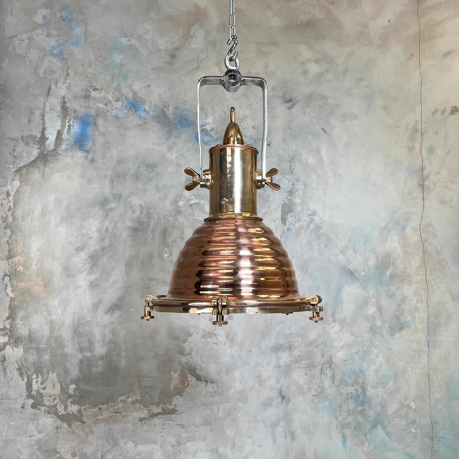 Industrial 1970s German Wiska Spun Copper and Cast Brass Fluted Cargo Ceiling Pendant Light