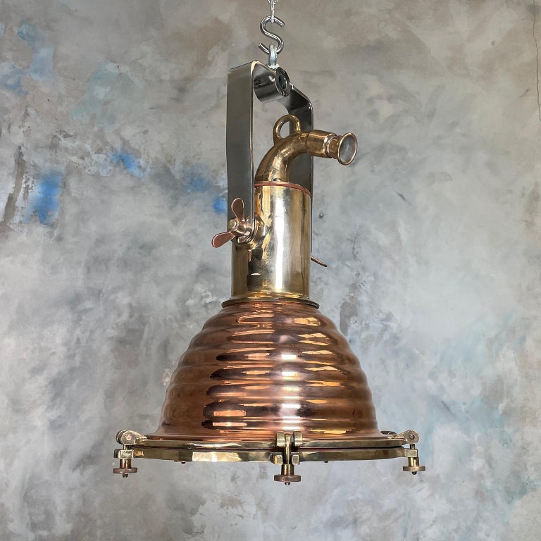 1970s German Wiska Spun Copper and Cast Brass Fluted Cargo Ceiling Pendant Light In Excellent Condition For Sale In Leicester, Leicestershire