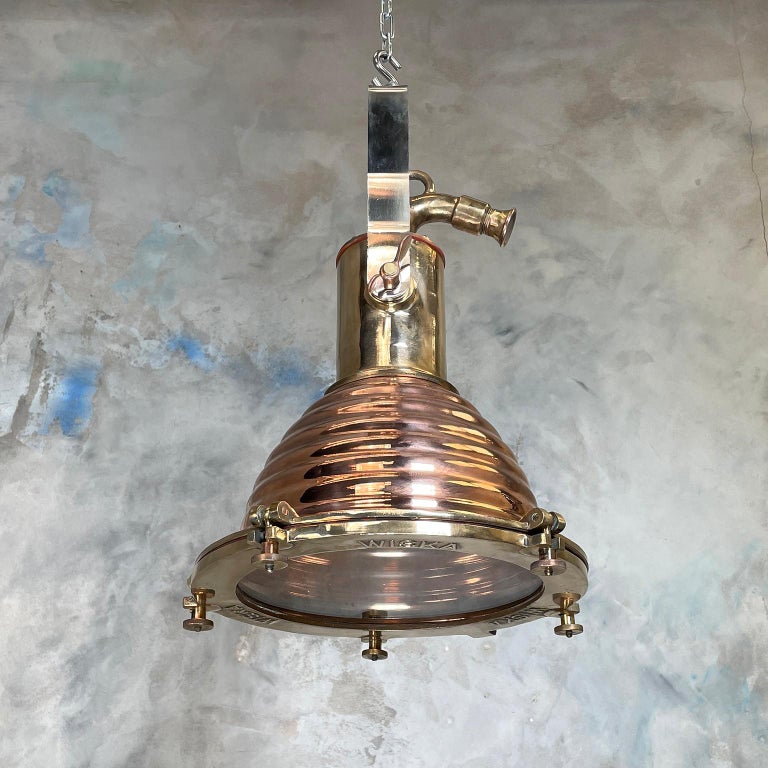 1970s German Wiska Spun Copper and Cast Brass Fluted Cargo Ceiling Pendant Light For Sale 1