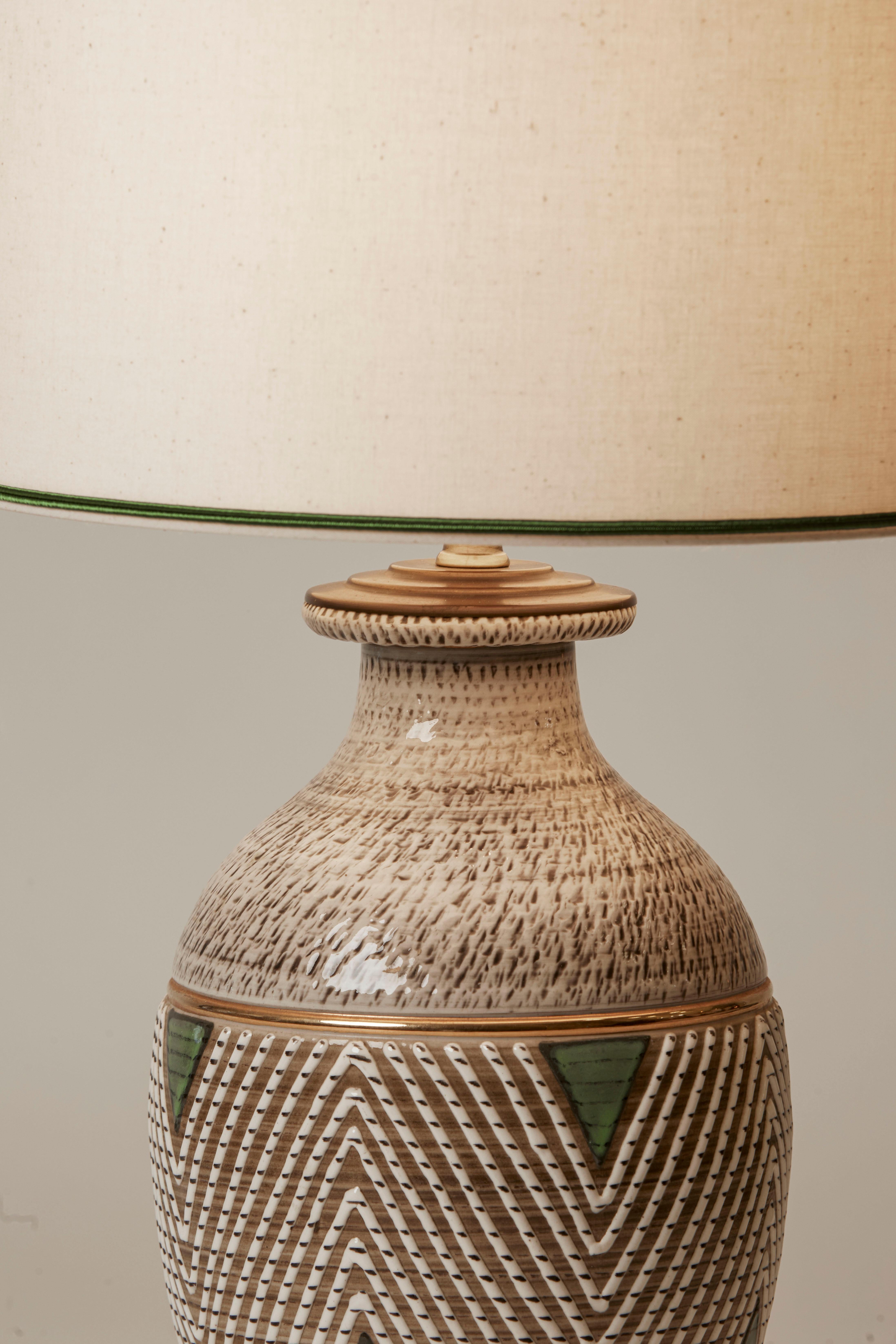 1970's Germany Ceramic White Green & Gilded Lamp with Shade In Good Condition For Sale In Aspen, CO