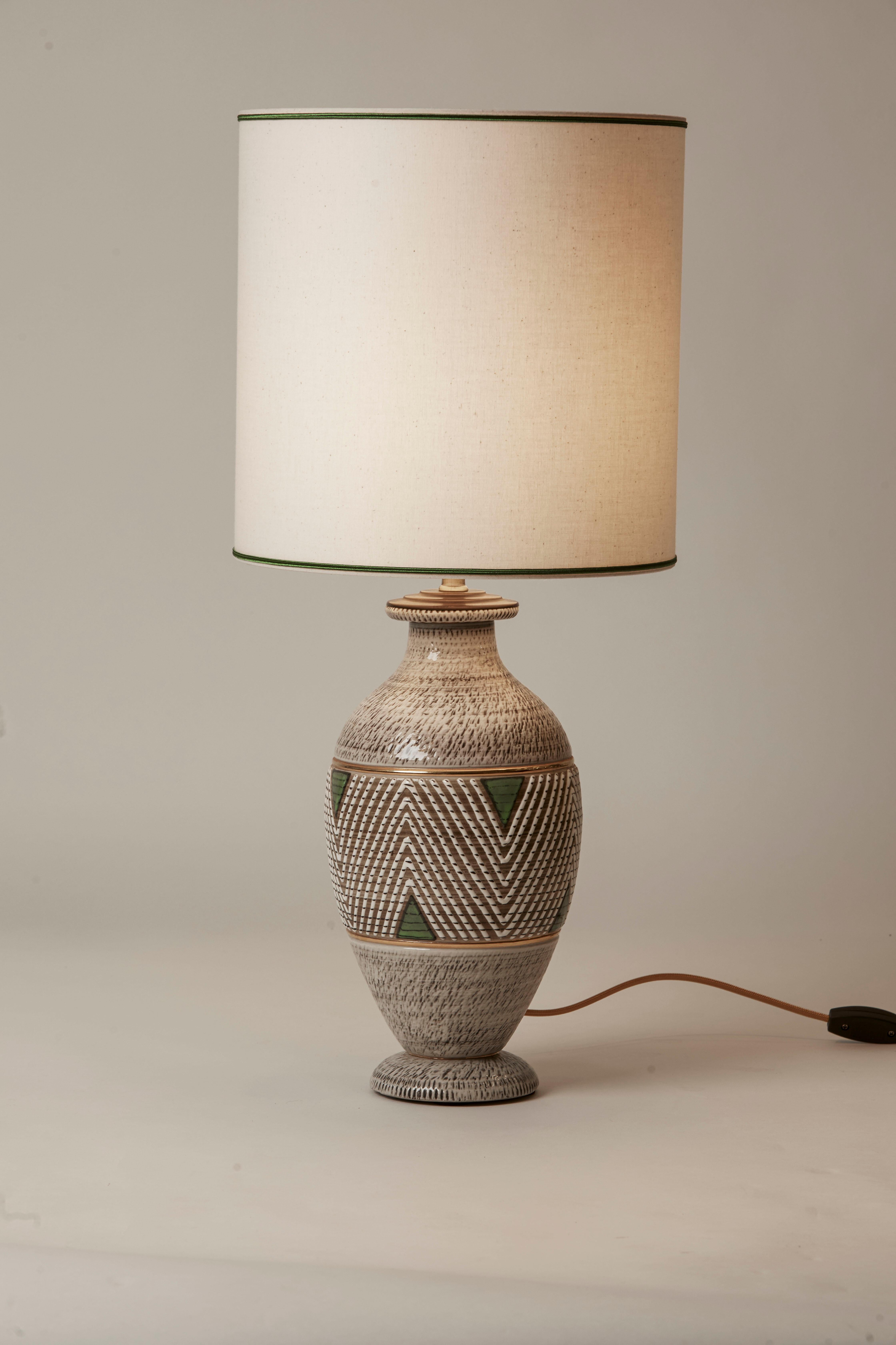 Late 20th Century 1970's Germany Ceramic White Green & Gilded Lamp with Shade For Sale