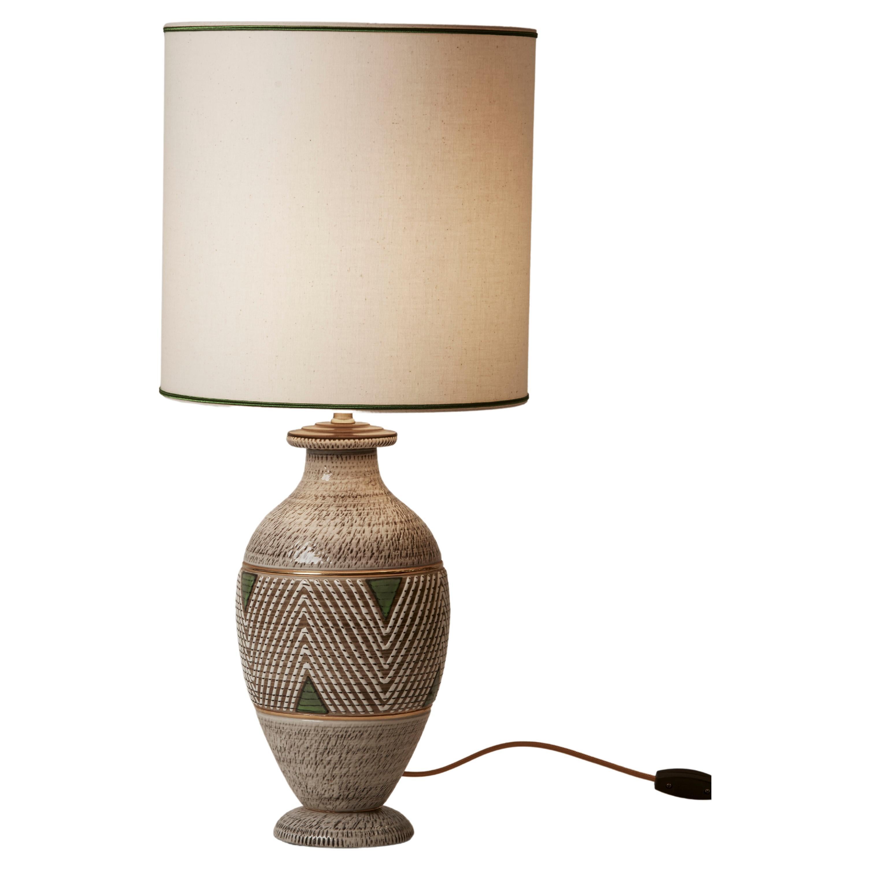 1970's Germany Ceramic White Green & Gilded Lamp with Shade For Sale
