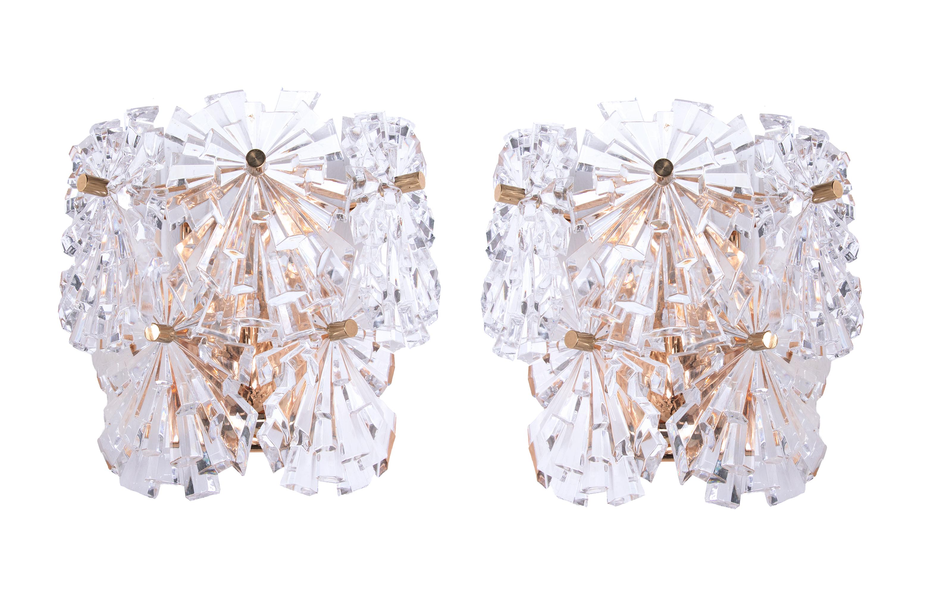 Mid-20th Century 1970s Germany Kinkeldey Starburst Wall Sconces Crystals & Gilt-Brass, Set of 2 For Sale