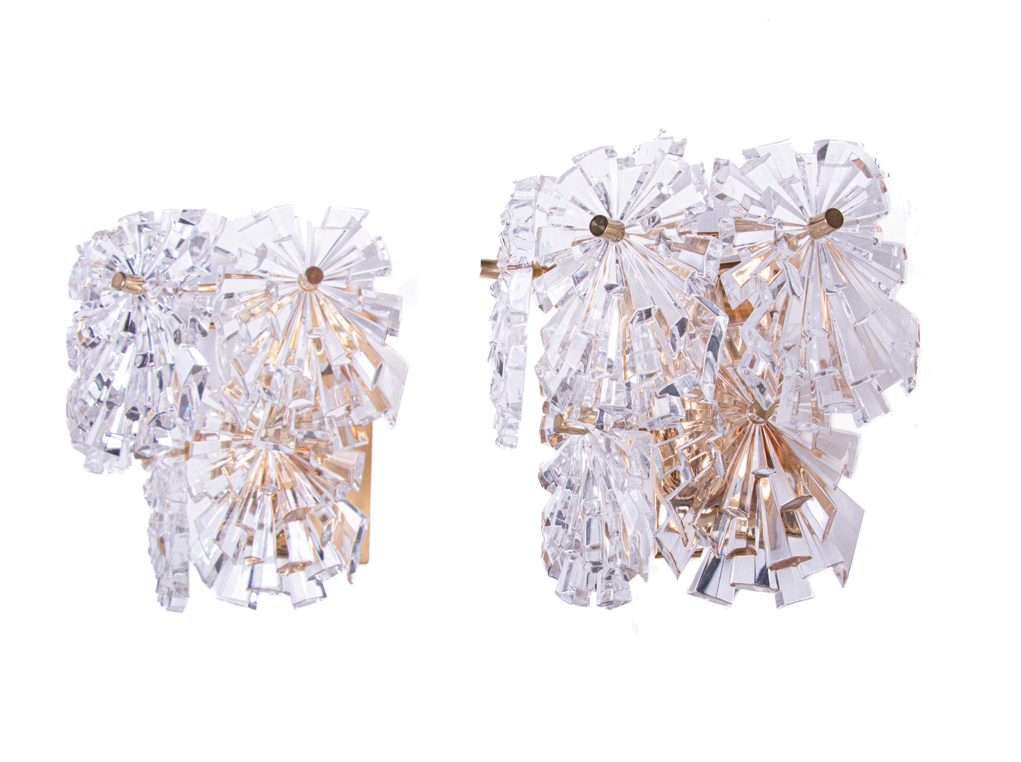 Gold Plate 1970s Germany Kinkeldey Starburst Wall Sconces Crystals & Gilt-Brass, Set of 2 For Sale