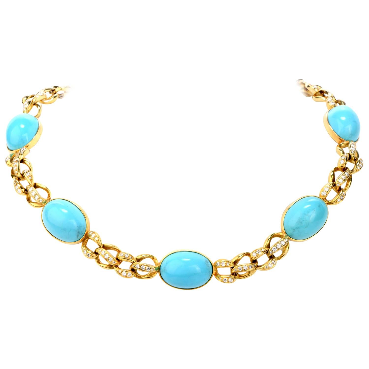 1970s GIA Persian Turquoise 18 Karat Gold Diamond Oval Link Necklace