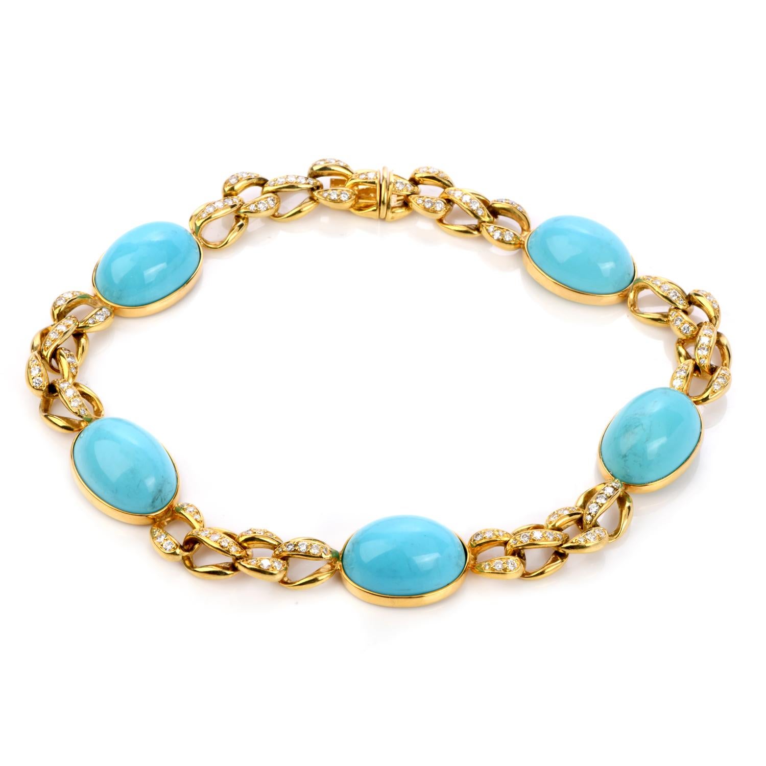 Modern 1970s GIA Persian Turquoise 18 Karat Gold Diamond Oval Link Necklace