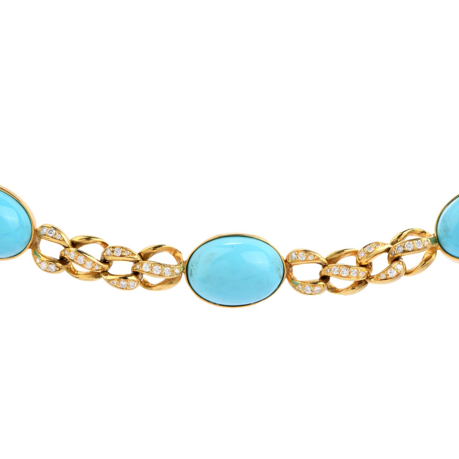 Women's 1970s GIA Persian Turquoise 18 Karat Gold Diamond Oval Link Necklace