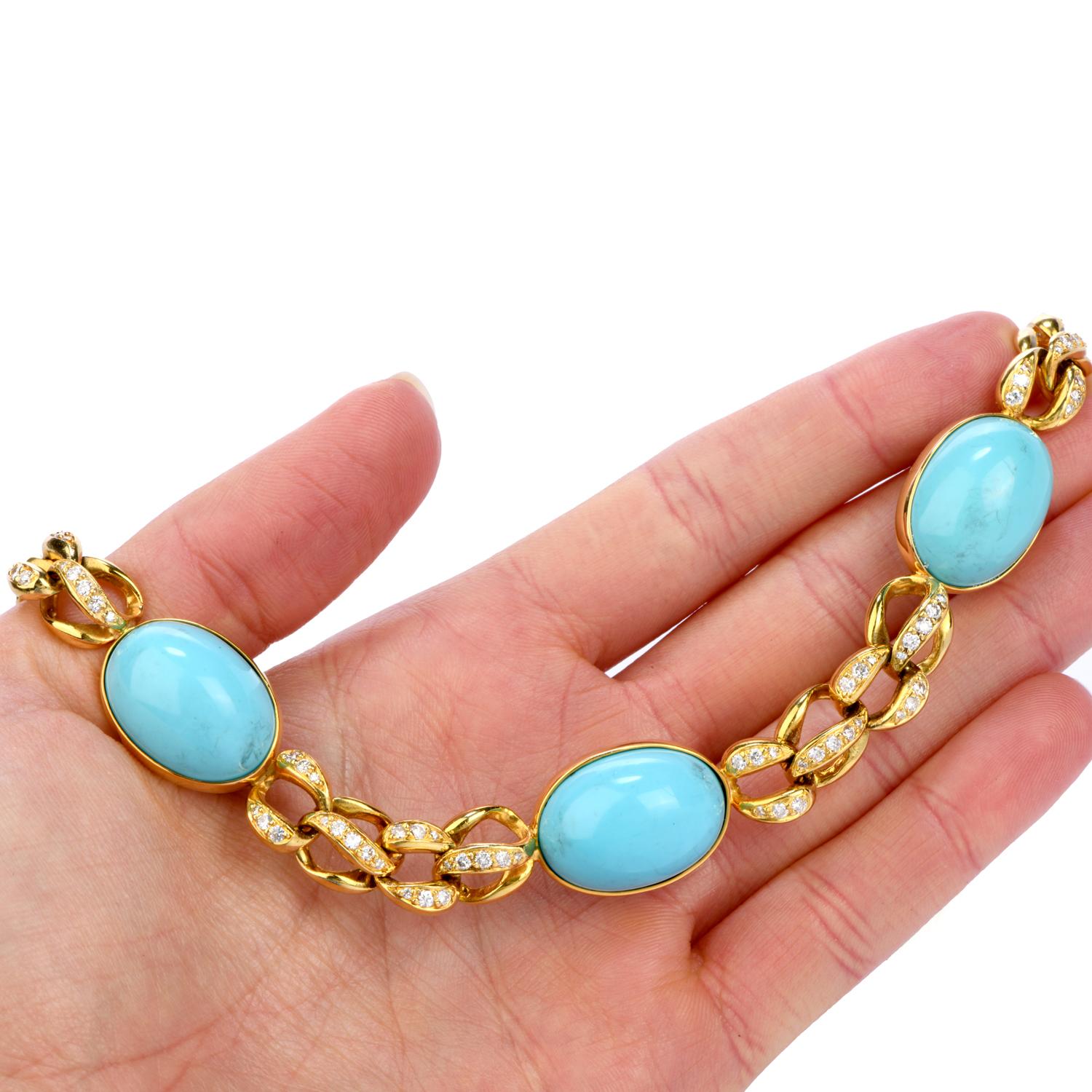 1970s GIA Persian Turquoise 18 Karat Gold Diamond Oval Link Necklace 2