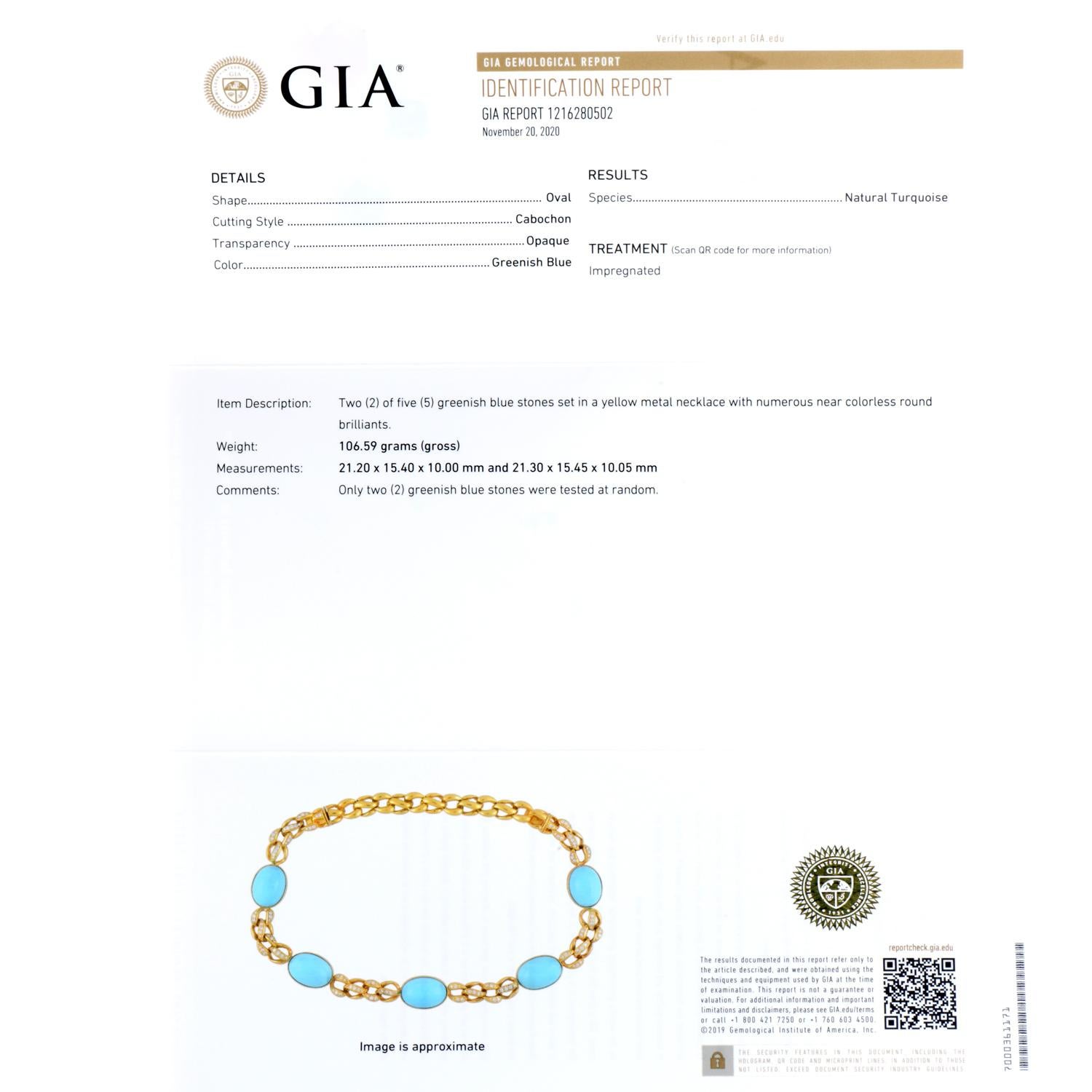 1970s GIA Persian Turquoise 18 Karat Gold Diamond Oval Link Necklace 3