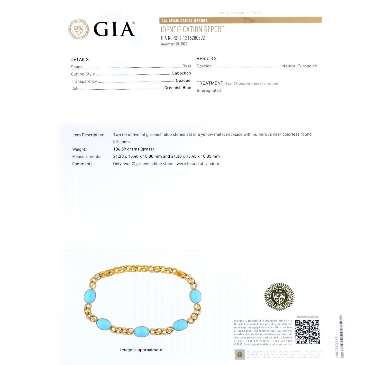 1970er GIA Persischer Türkis 18 Karat Gold Diamant Oval Link Halskette 3