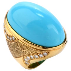 Vintage 1970s GIA Turquoise and Diamond 18 Karat Gold Oval Cocktail Ring