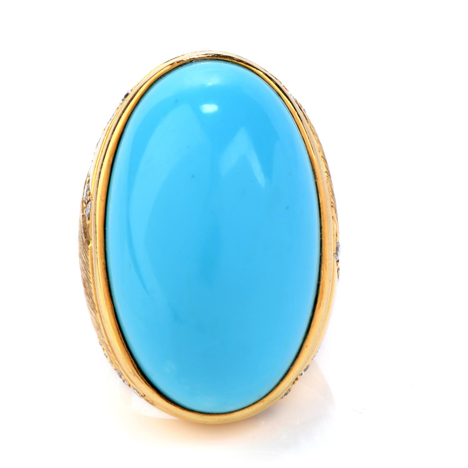 This Vintage awe-inspiring piece is truly a show stopper.

It is centered with a beautiful GIA certified oval cut Persian Turquoise of approximately 51.53 carats, measuring 32.75 x 19.80 x 10.90 mm, bezel set. This piece is crafted in solid fine 18K