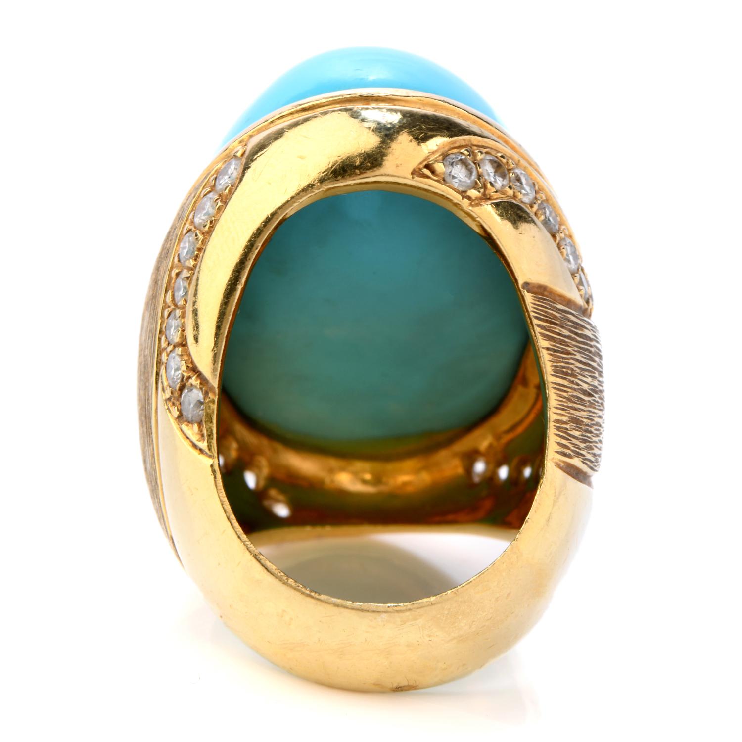 Modern 1970s GIA Turquoise and Diamond 18 Karat Gold Oval Cocktail Ring