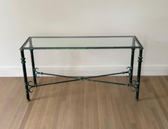 1970s Giacometti Style Forged Wrought Iron, Brass & Glass Sofa or Console Table