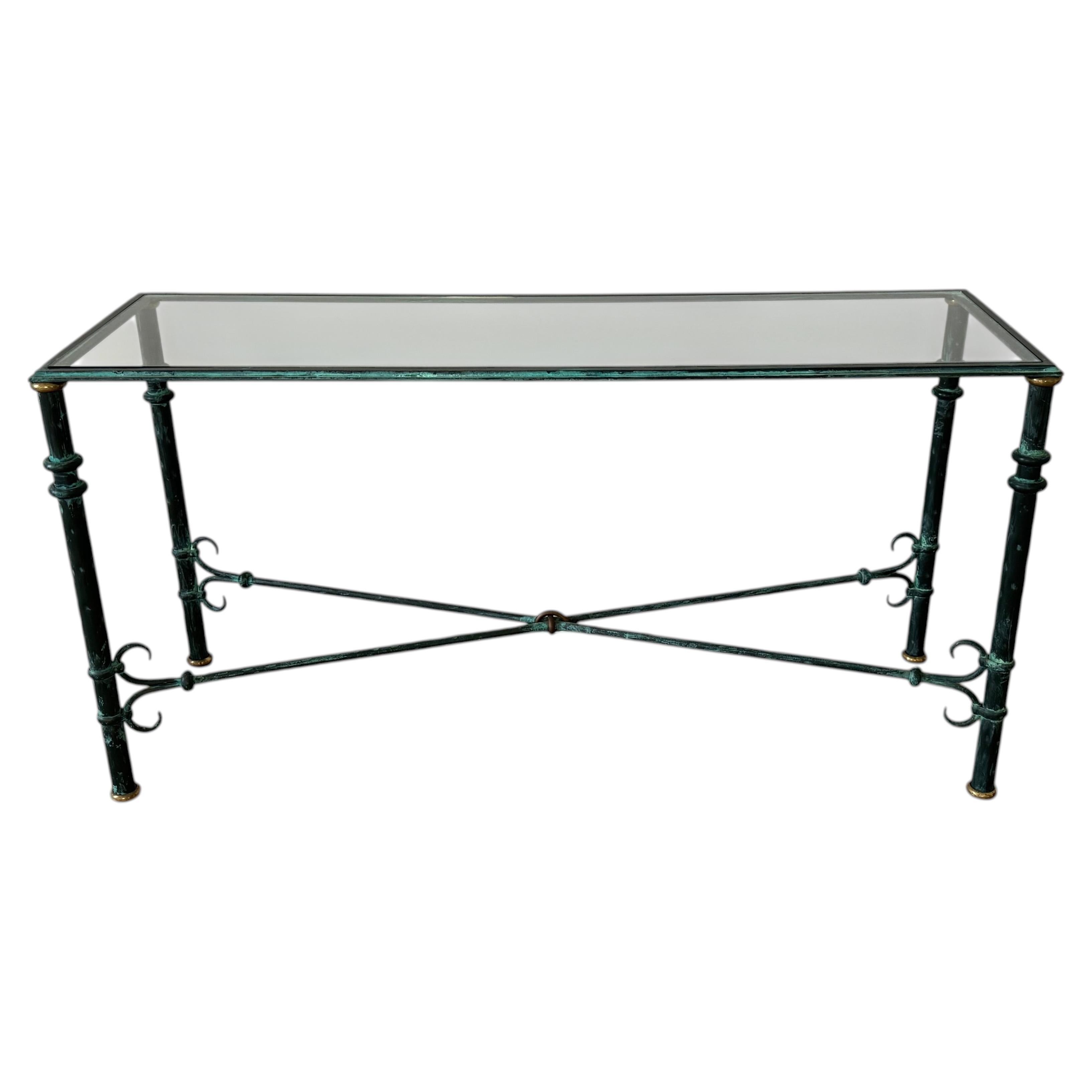 1970s Giacometti Style Forged Wrought Iron, Brass & Glass Sofa or Console Table