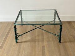 1970s Giacometti Style Forged Wrought Iron, Brass & Glass Square Coffee Table