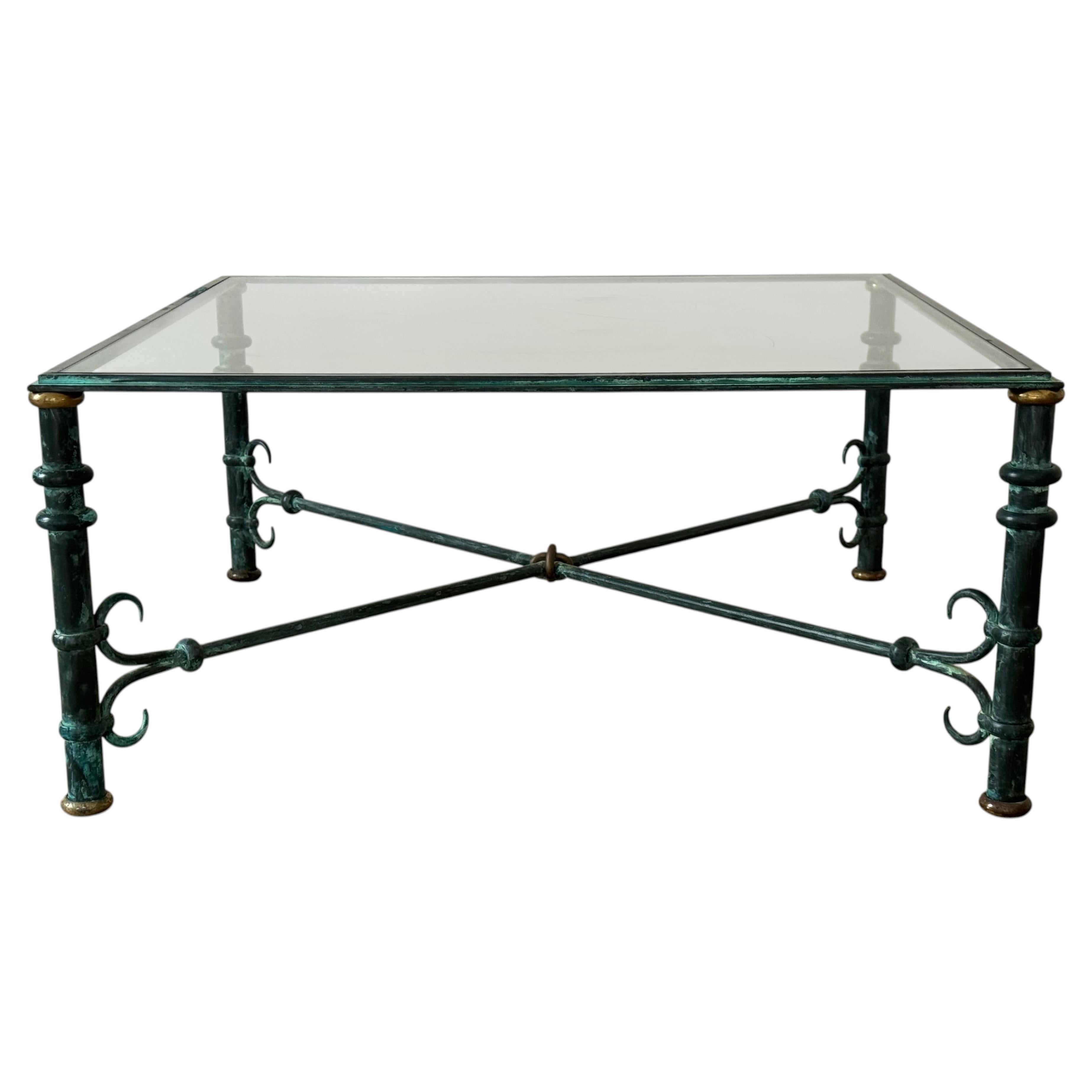 1970s Giacometti Style Forged Wrought Iron, Brass & Glass Square Coffee Table