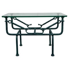 1970s Giacometti Style Forged Wrought Iron & Faux Patina Glass Top Side Table 1970s Giacometti Style Forged Wrought Iron & Faux Patina Glass Top Side Table