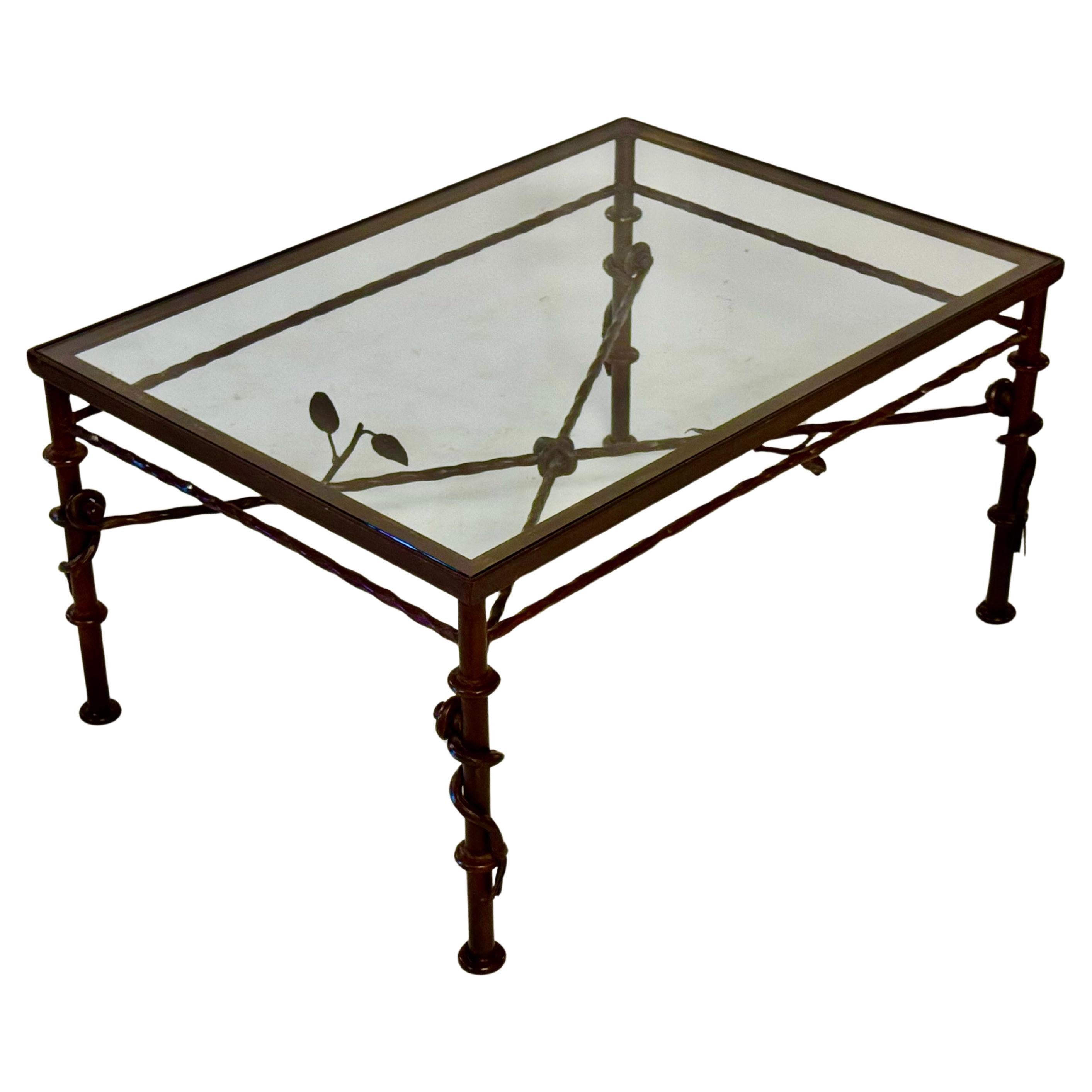 1970s Giacometti Style Forged Wrought Iron 
Glass Rectangle Coffee Table For Sale