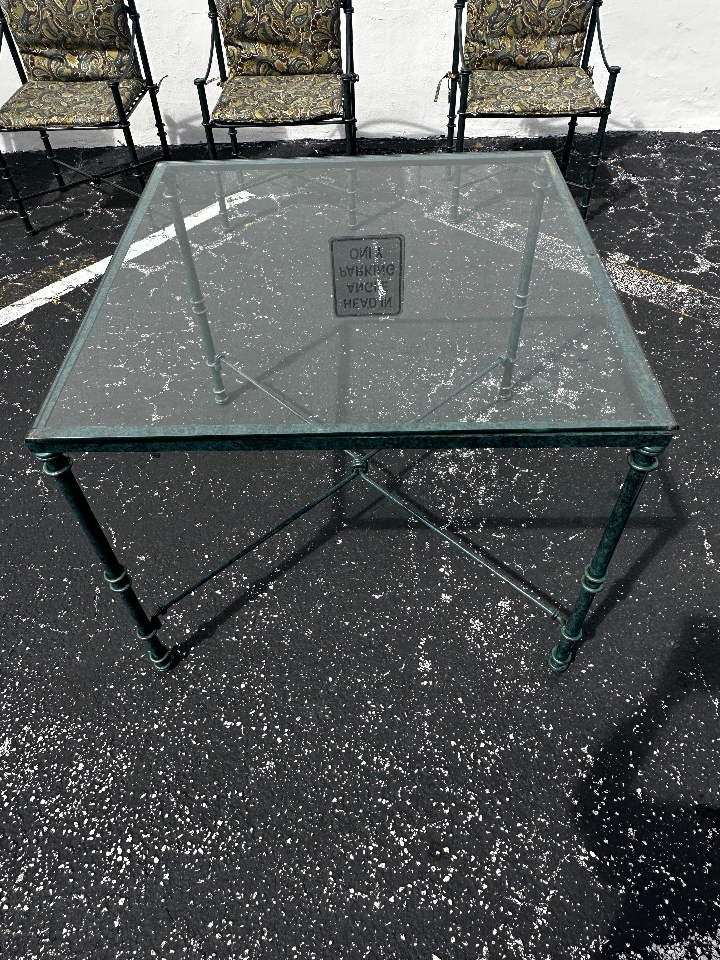1970s Giacometti Tortoise Green Faux Bamboo Iron Table and Chairs, set of 5 For Sale 8