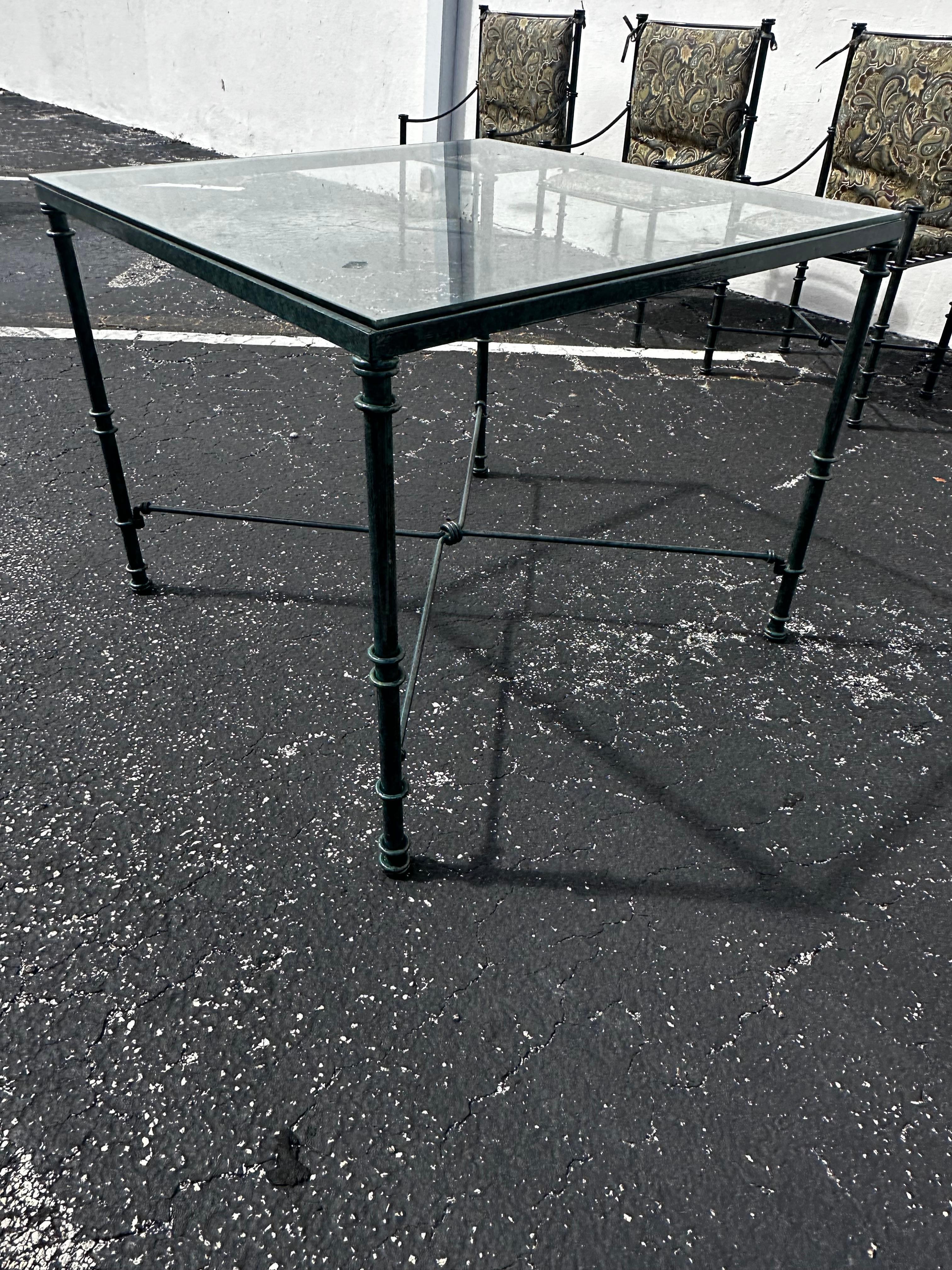 1970s Giacometti Tortoise Green Faux Bamboo Iron Table and Chairs, set of 5 For Sale 9