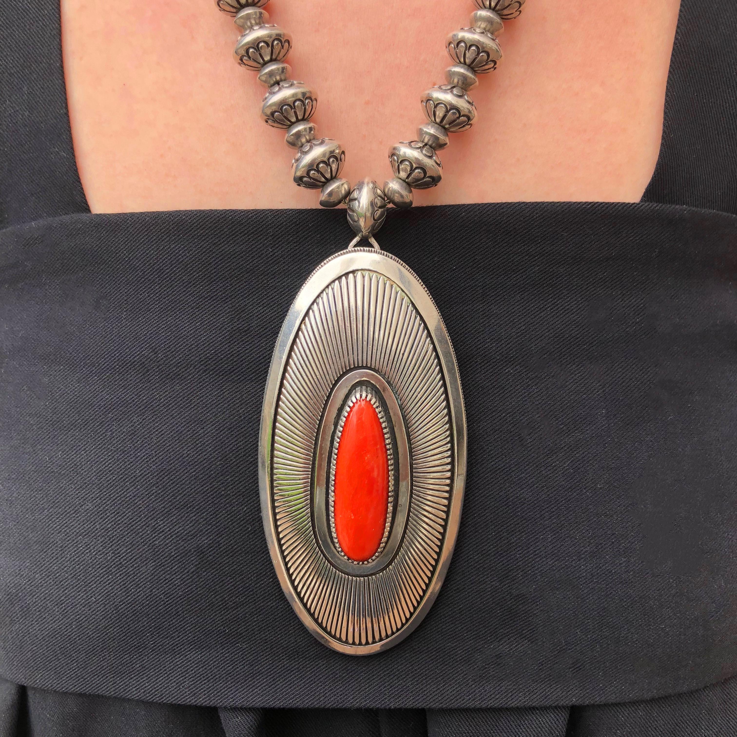 Native American 1970s Gibson Nez Coral and Stamped Sterling Silver Bead Necklace