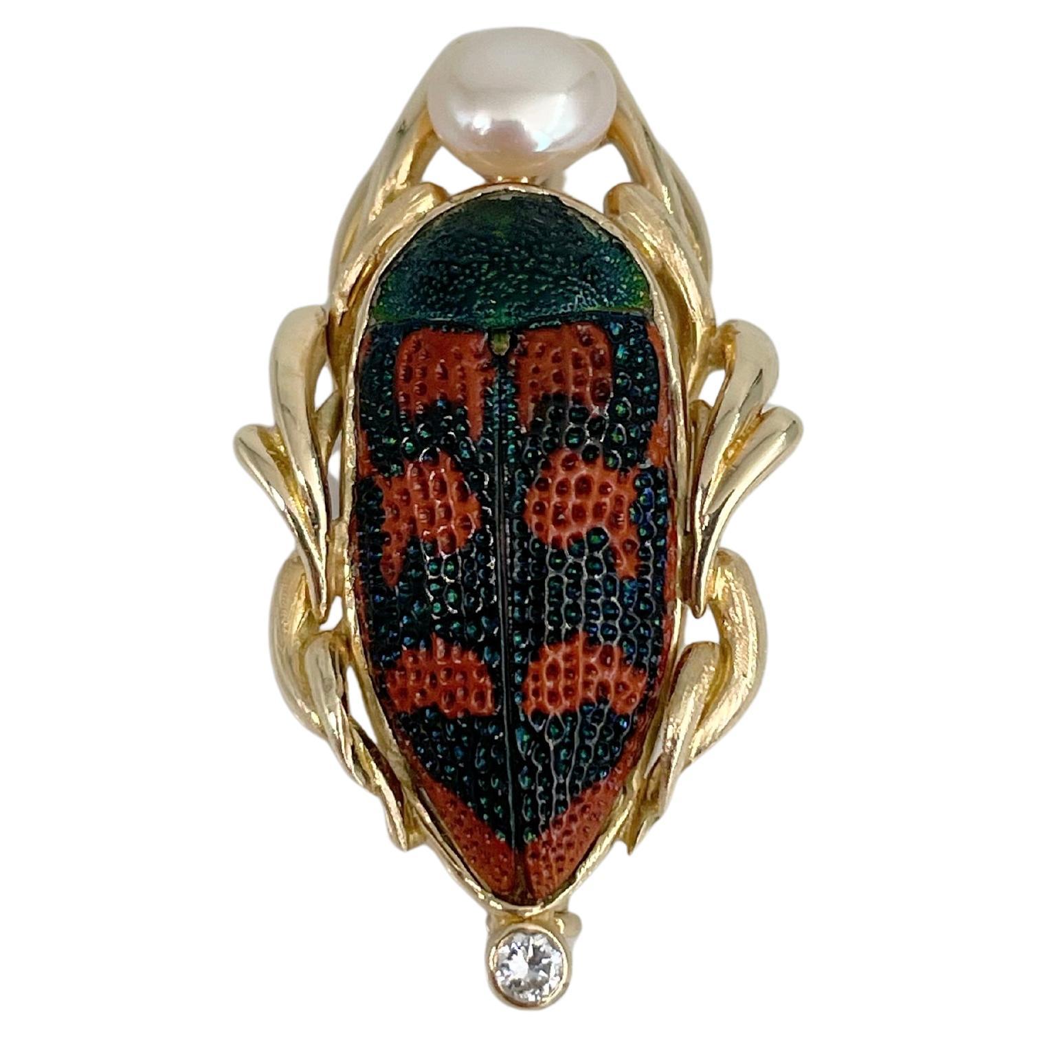 1970 Gilbert Albert Gold or 18 carats diamant perle Scarabée Insecte Broche Pendentif