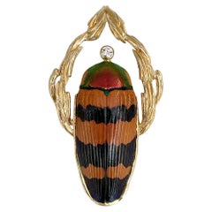 1970s Gilbert Albert 18 Karat Gold Diamond Scarab Insect Pendant