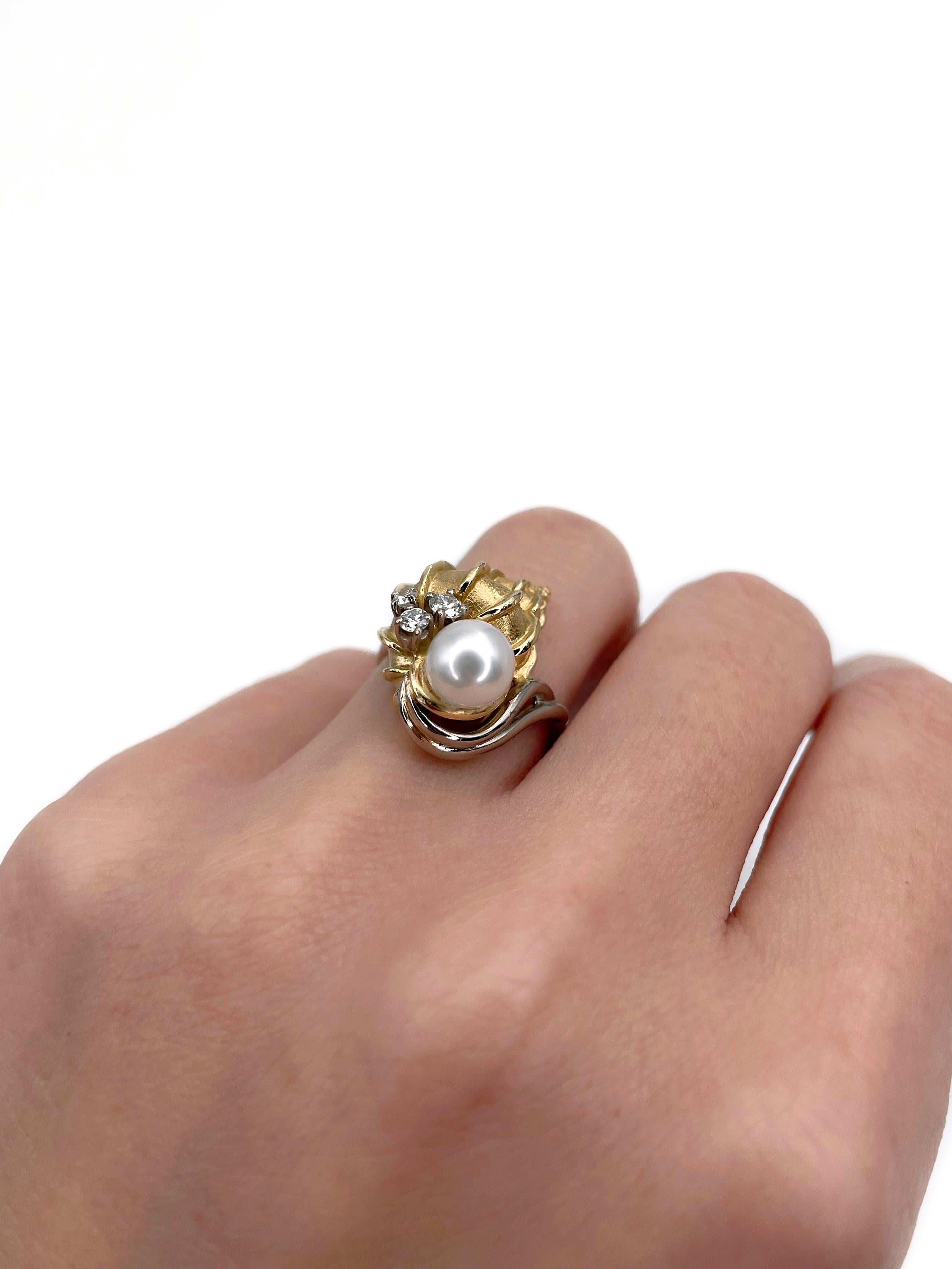 Anillo de cóctel en forma de concha con diamantes y perlas de oro de 18 quilates Gilbert Albert de los años 70 Moderno