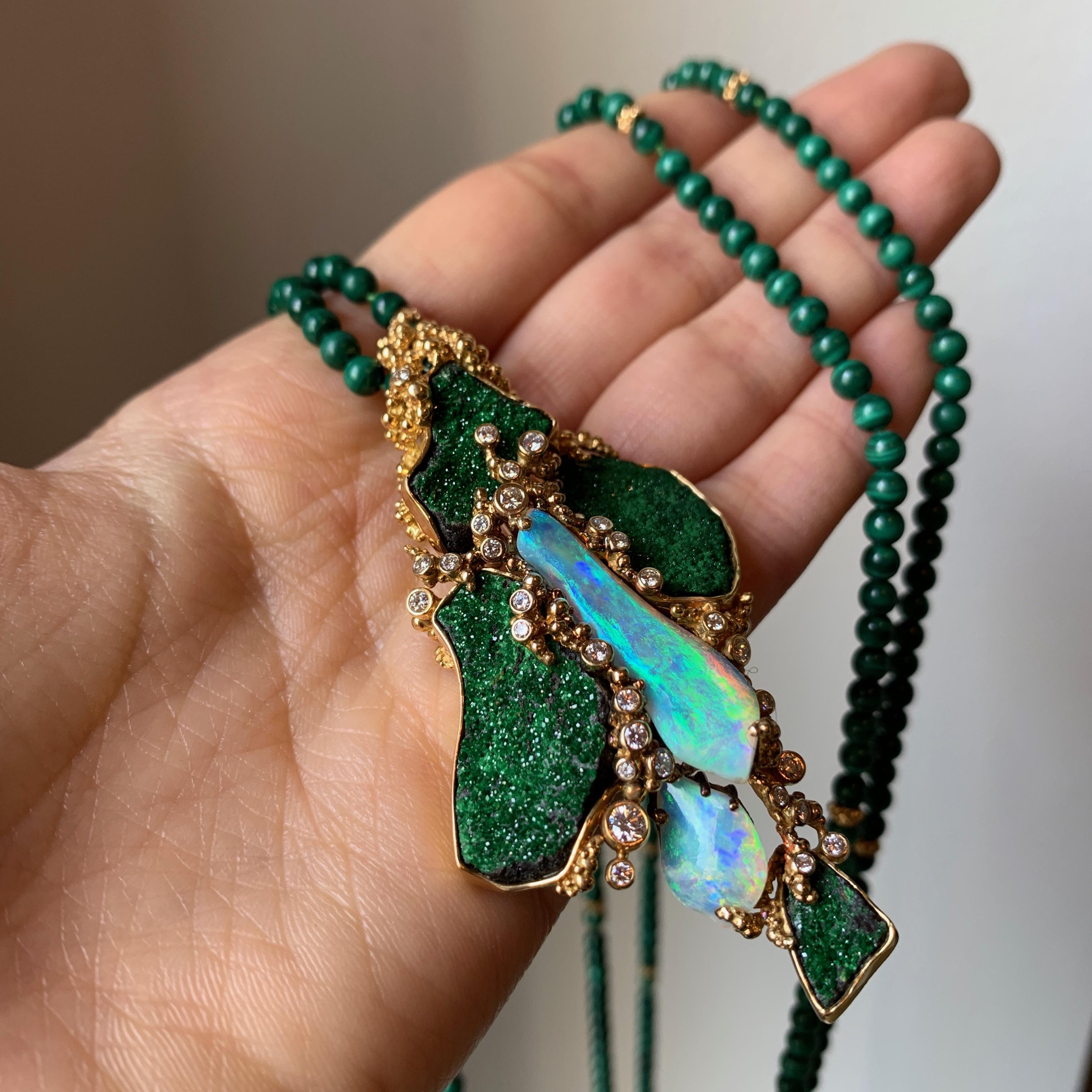1970s Gilbert Albert Malachite, Opal, Diamond and Gold Necklace In Excellent Condition In New York, NY