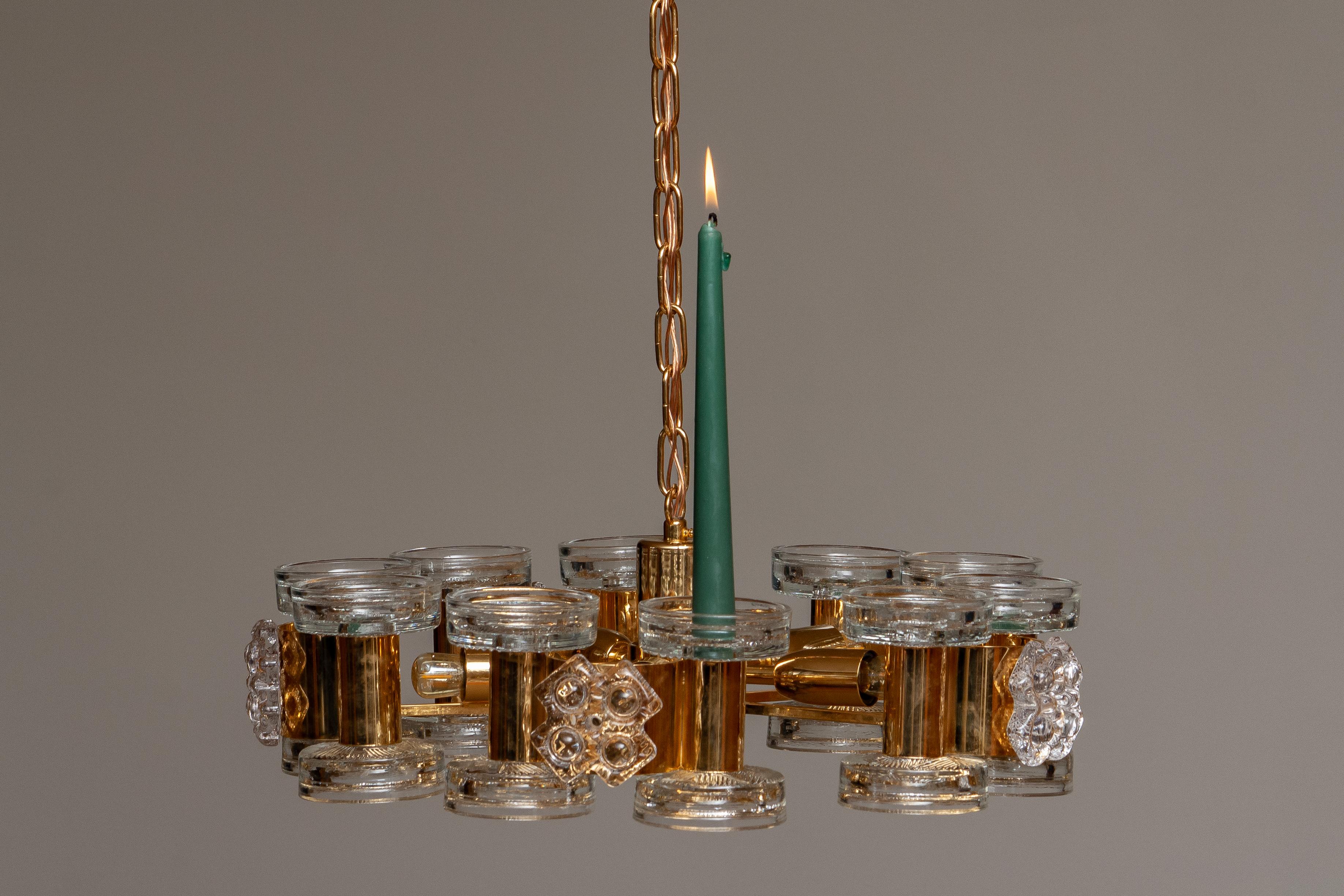 Late 20th Century 1970s Gilt Chandelier with Ten Candle Holders and Five Screw Bulbs by Orrefors For Sale