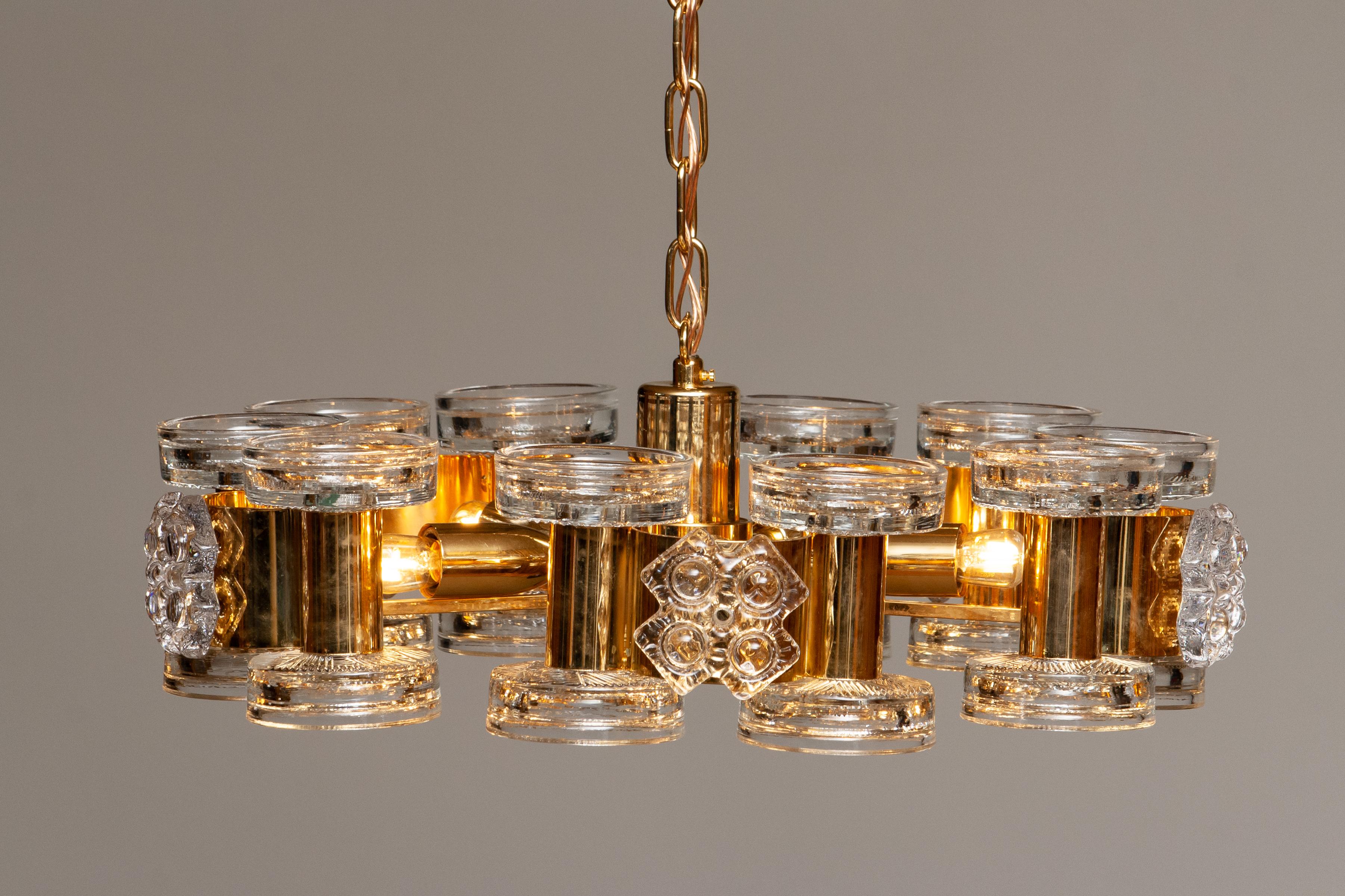 Brass 1970s Gilded Chandelier with Ten Candlesticks and Five Screw Bulbs by Orrefors