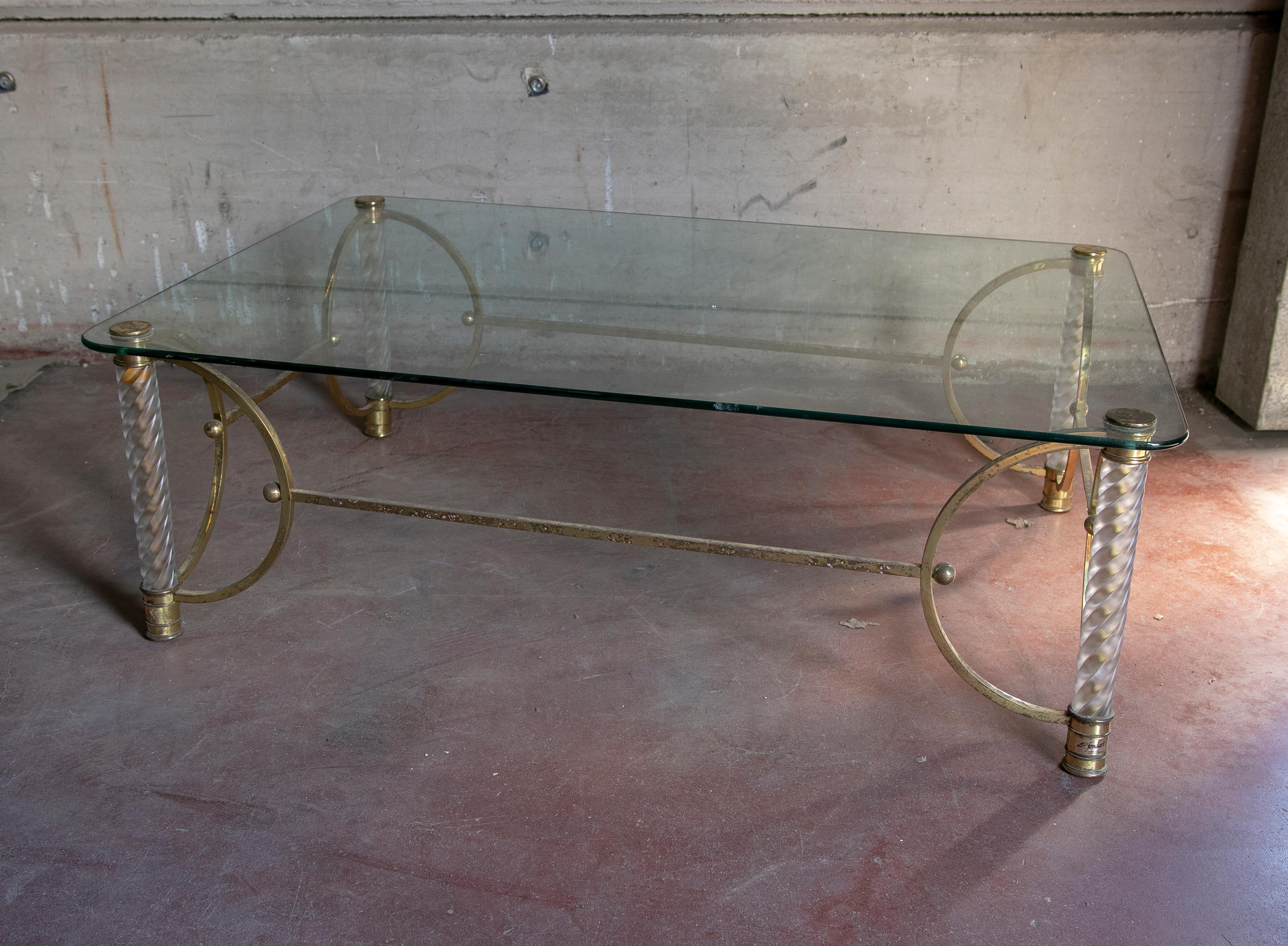 Spanish 1970s Gilded Metal Table with Legs and Glass Table Top For Sale