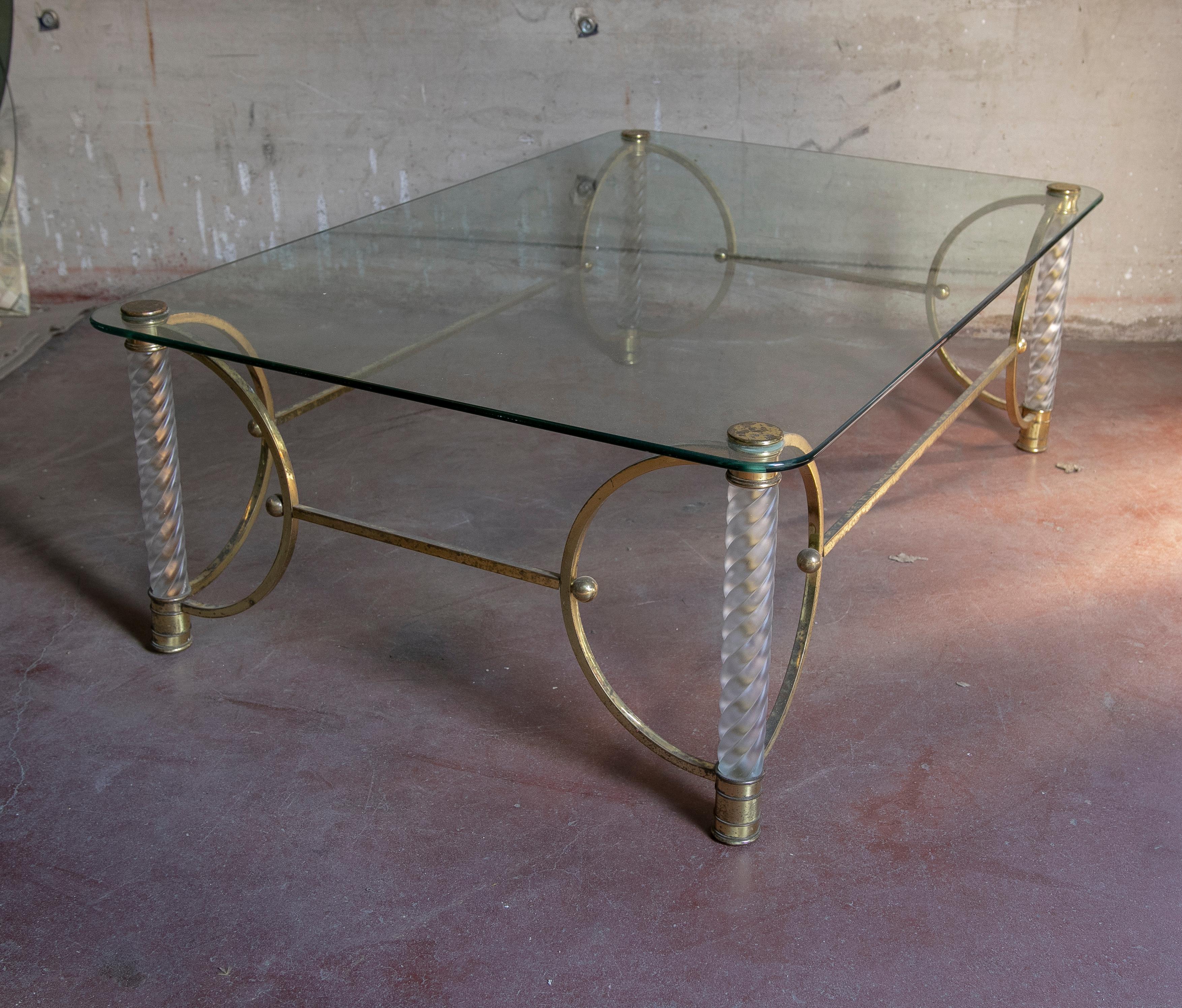 20th Century 1970s Gilded Metal Table with Legs and Glass Table Top For Sale