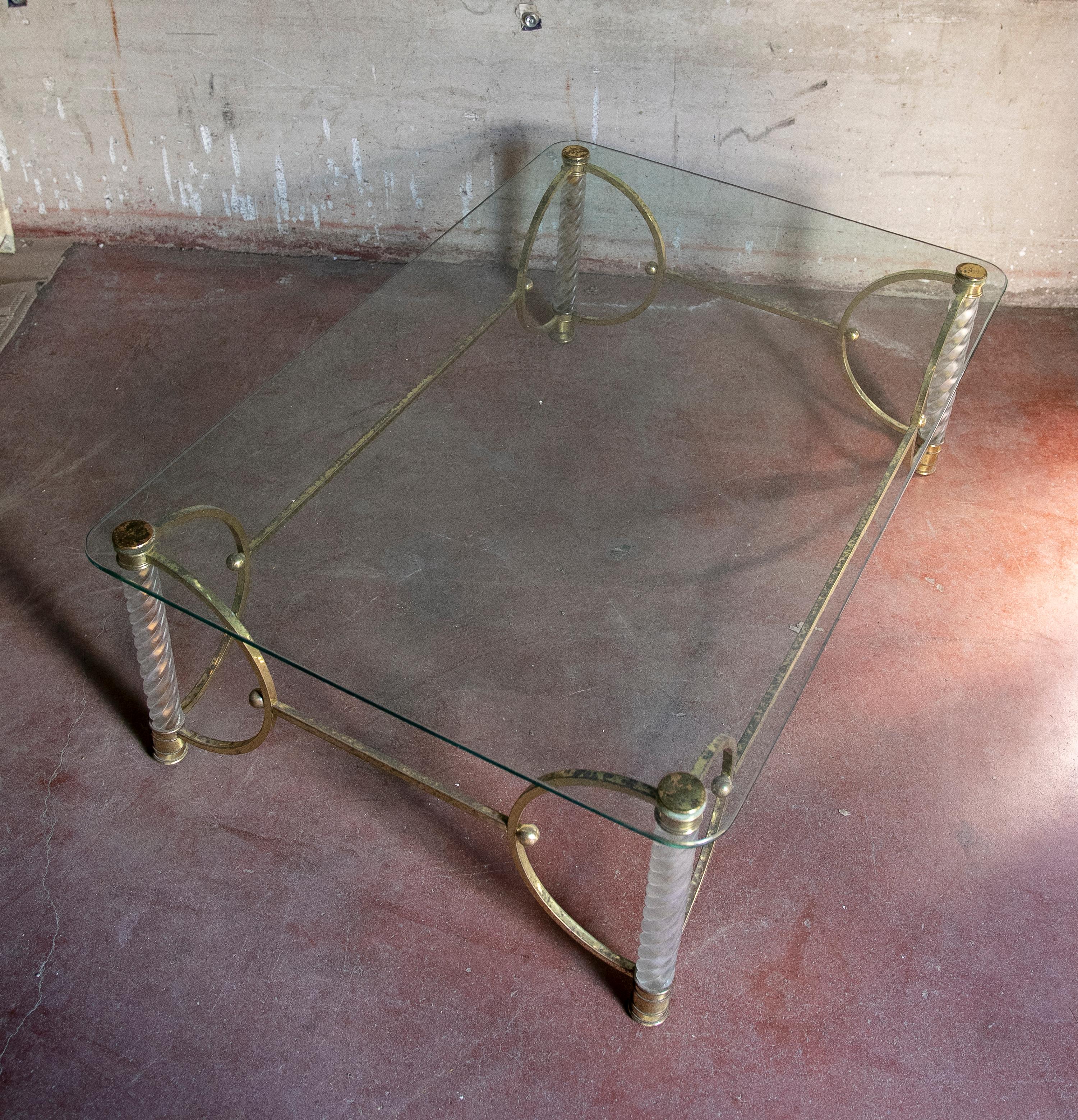 Bronze 1970s Gilded Metal Table with Legs and Glass Table Top For Sale