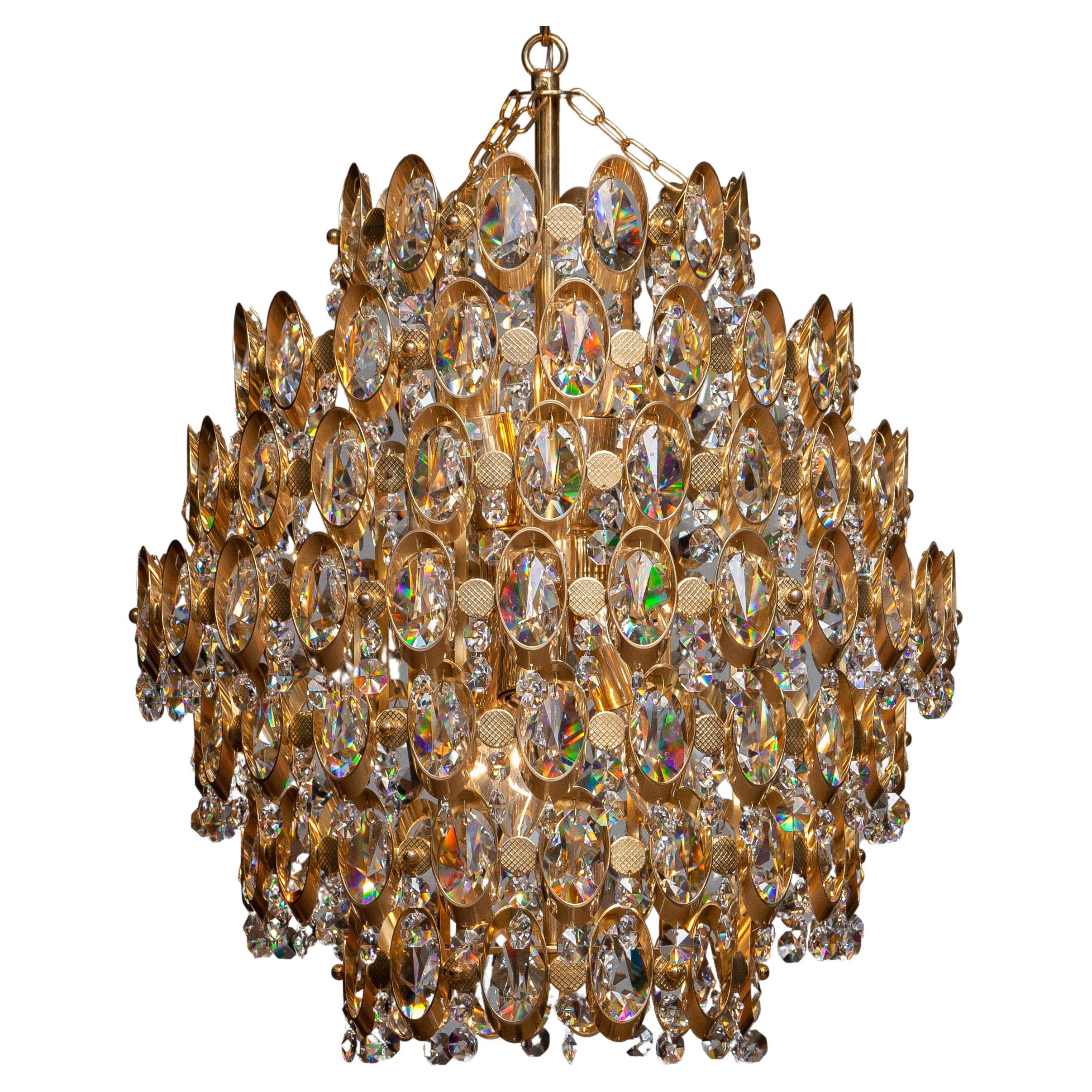 1970's Gilt Spherical Chandelier Filled with Clear Facet Crystals by Palwa