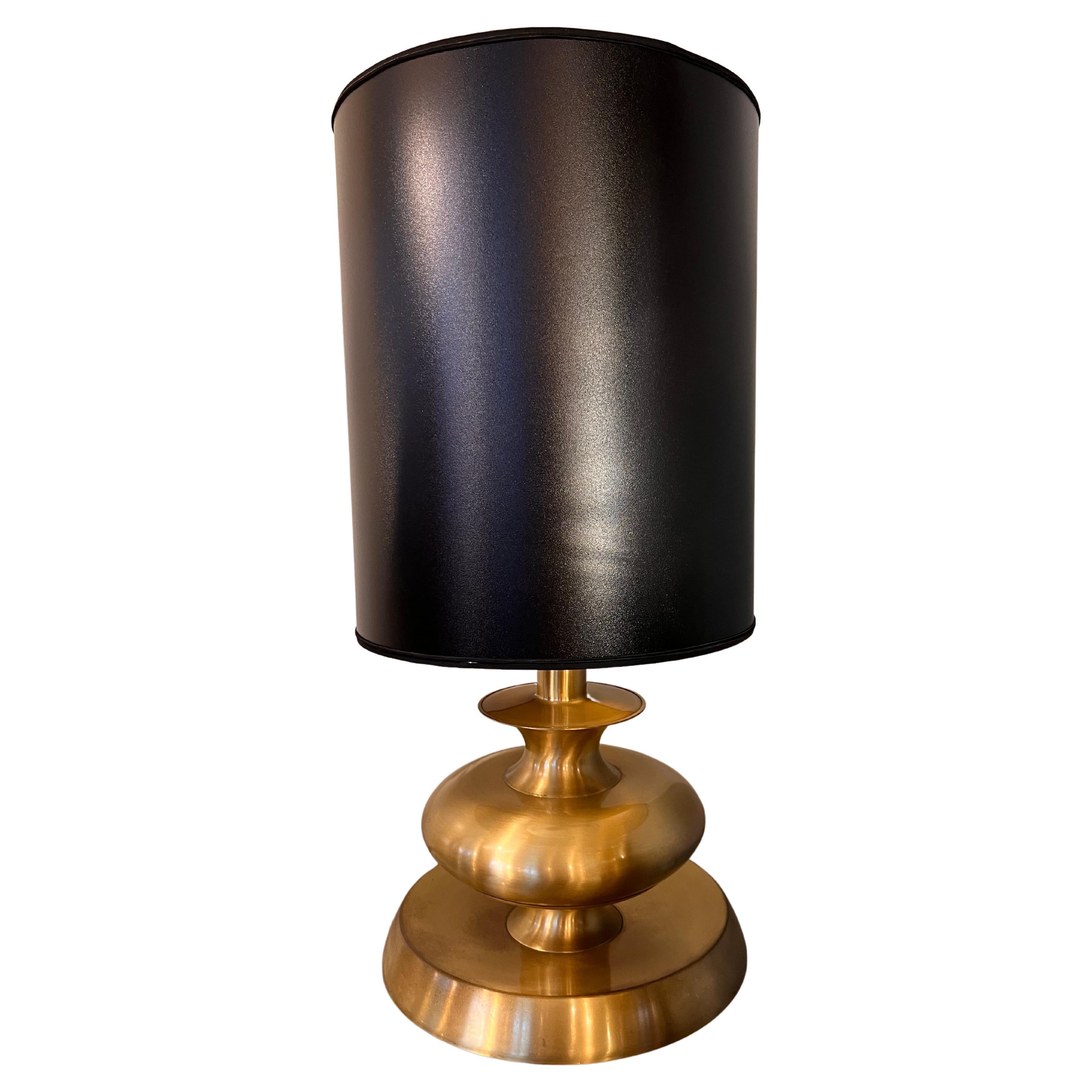 1970s Gilt Brass Black Cylindrical Lampshade Table Lamp
