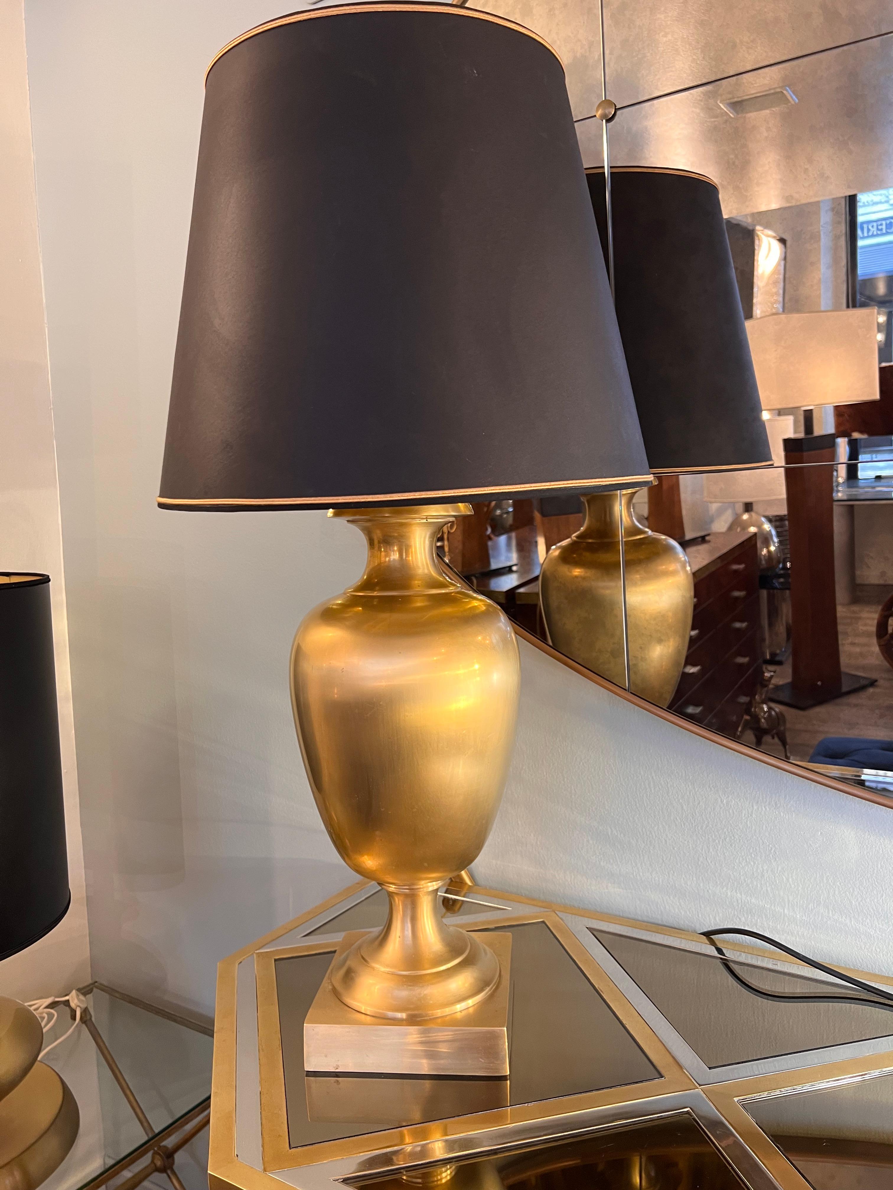 Late 20th Century 1970s Gilt Brass Black Shade Table Lamp For Sale