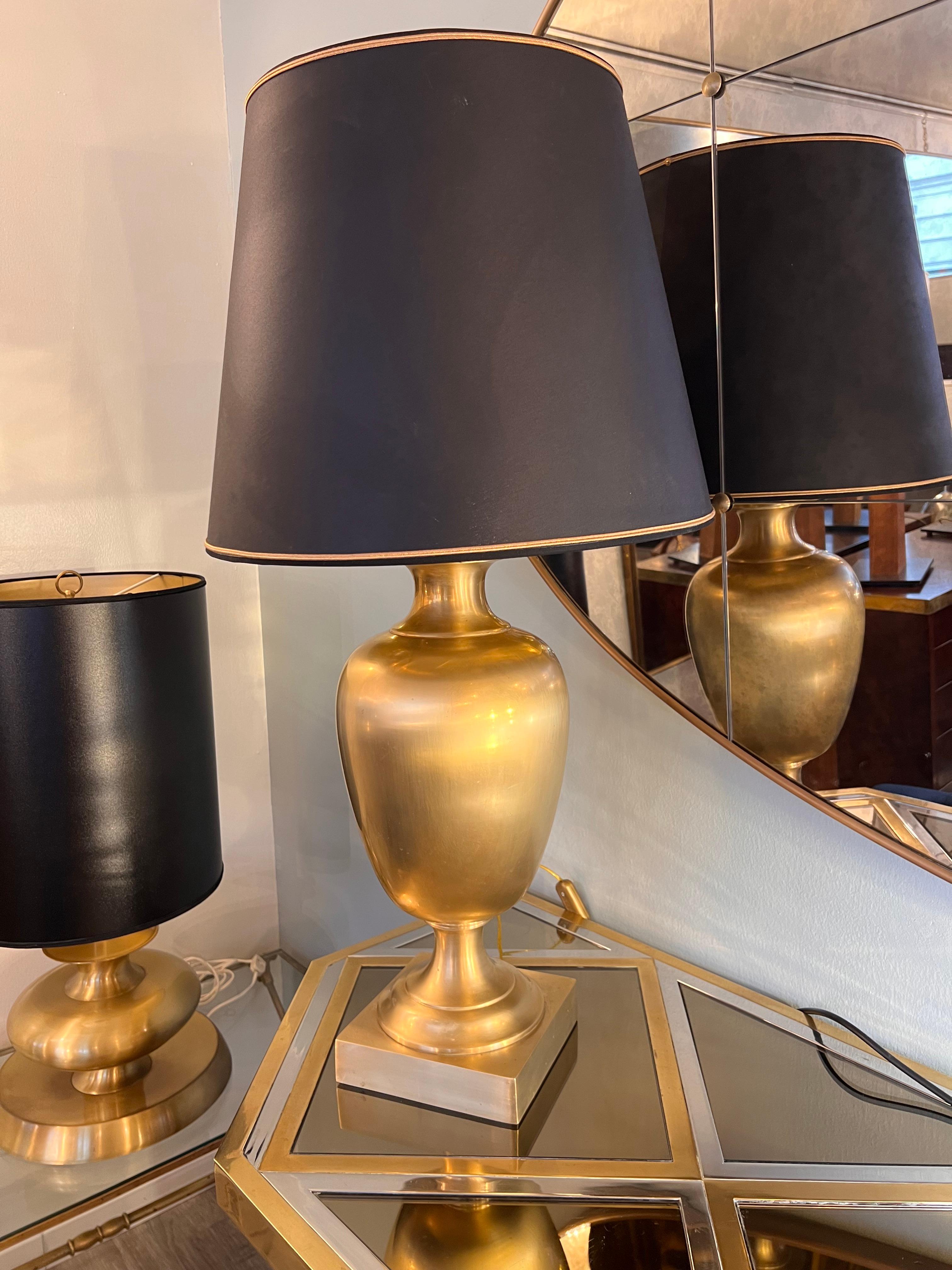 1970s Gilt Brass Black Shade Table Lamp For Sale 1