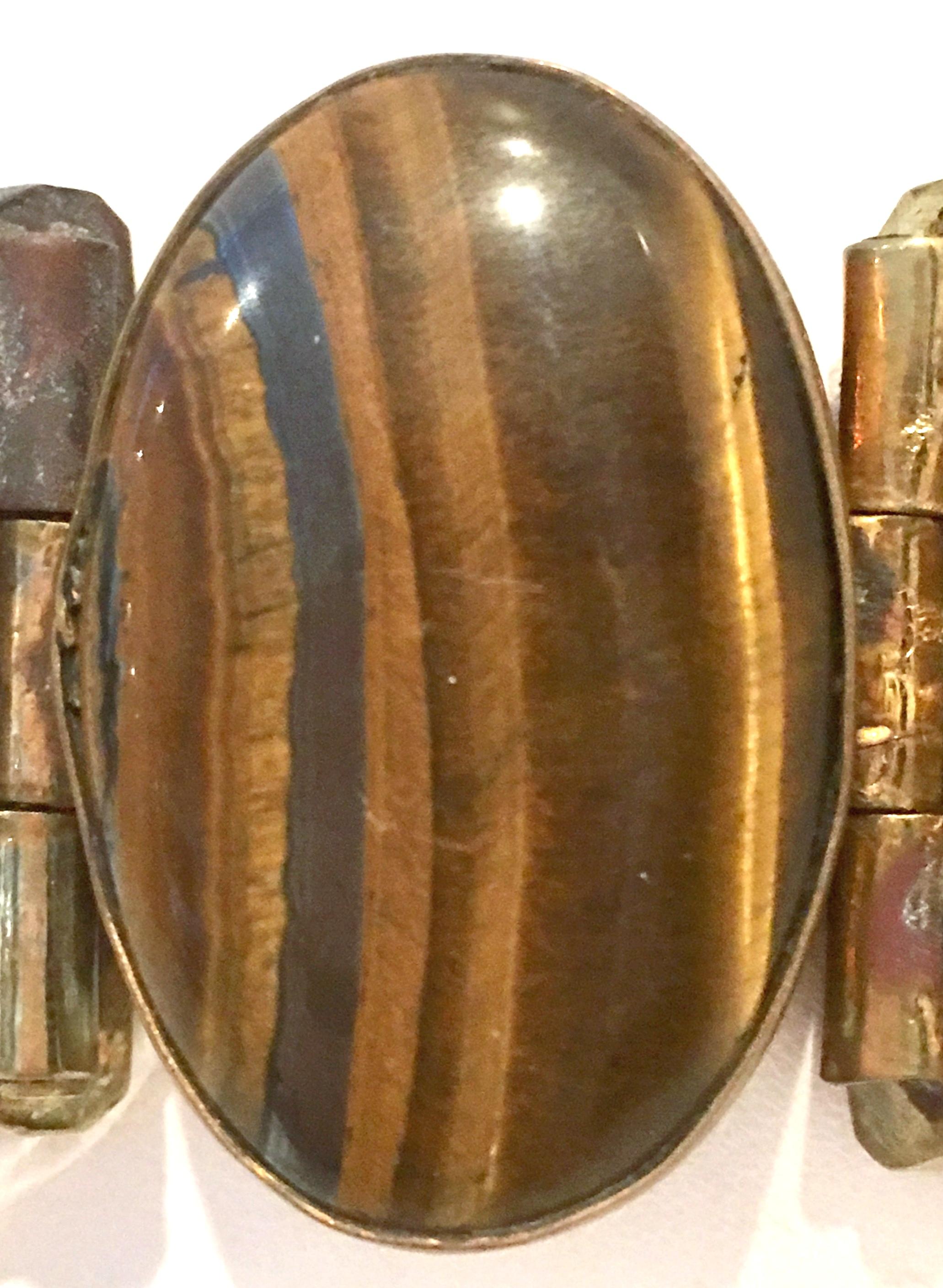 1970'S Gilt Brass Carved Bone & Tigers Eye Hinge Bangle Bracelet For Sale 3