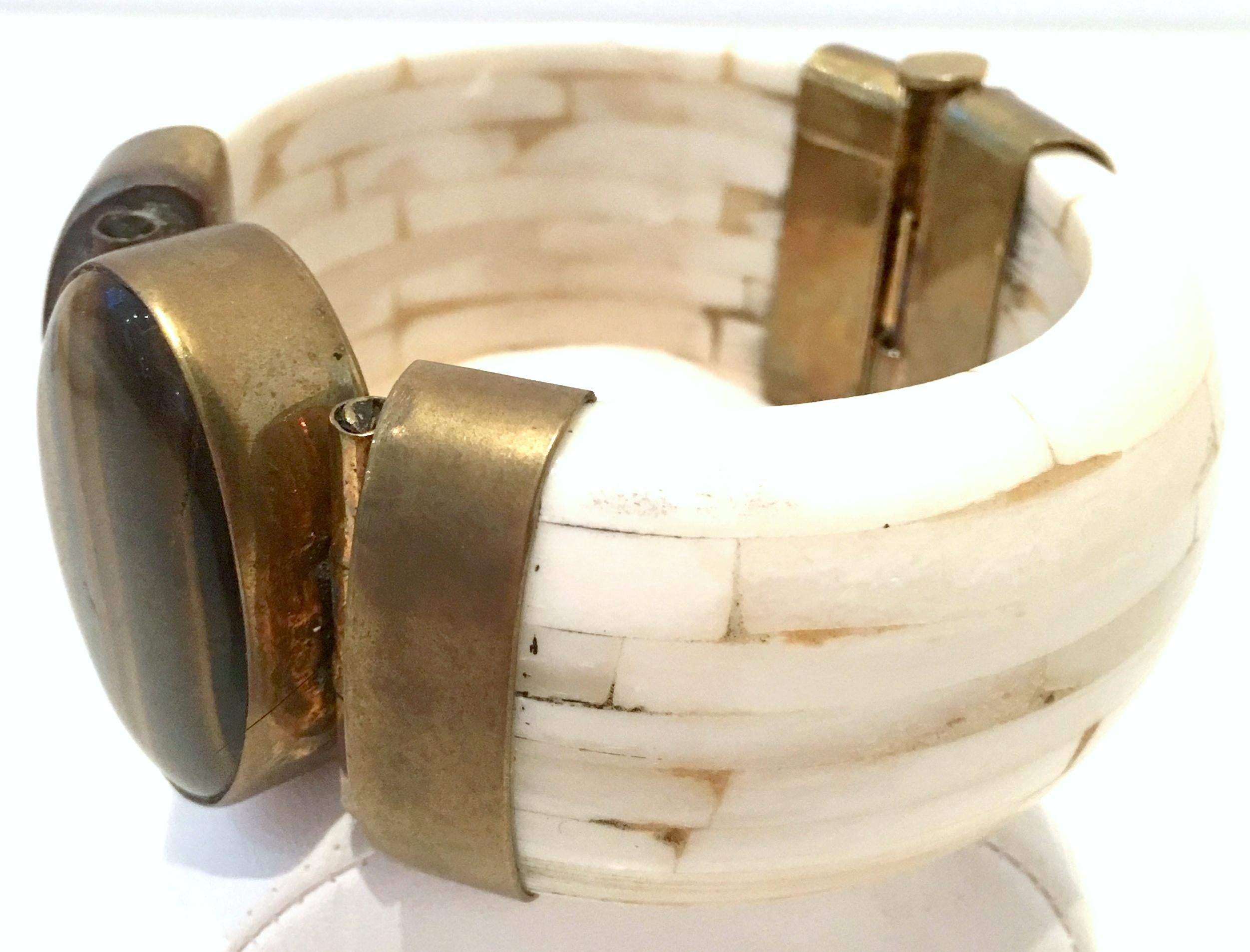 1970'S Gilt Brass Carved Bone & Tigers Eye Hinge Bangle Bracelet In Good Condition For Sale In West Palm Beach, FL
