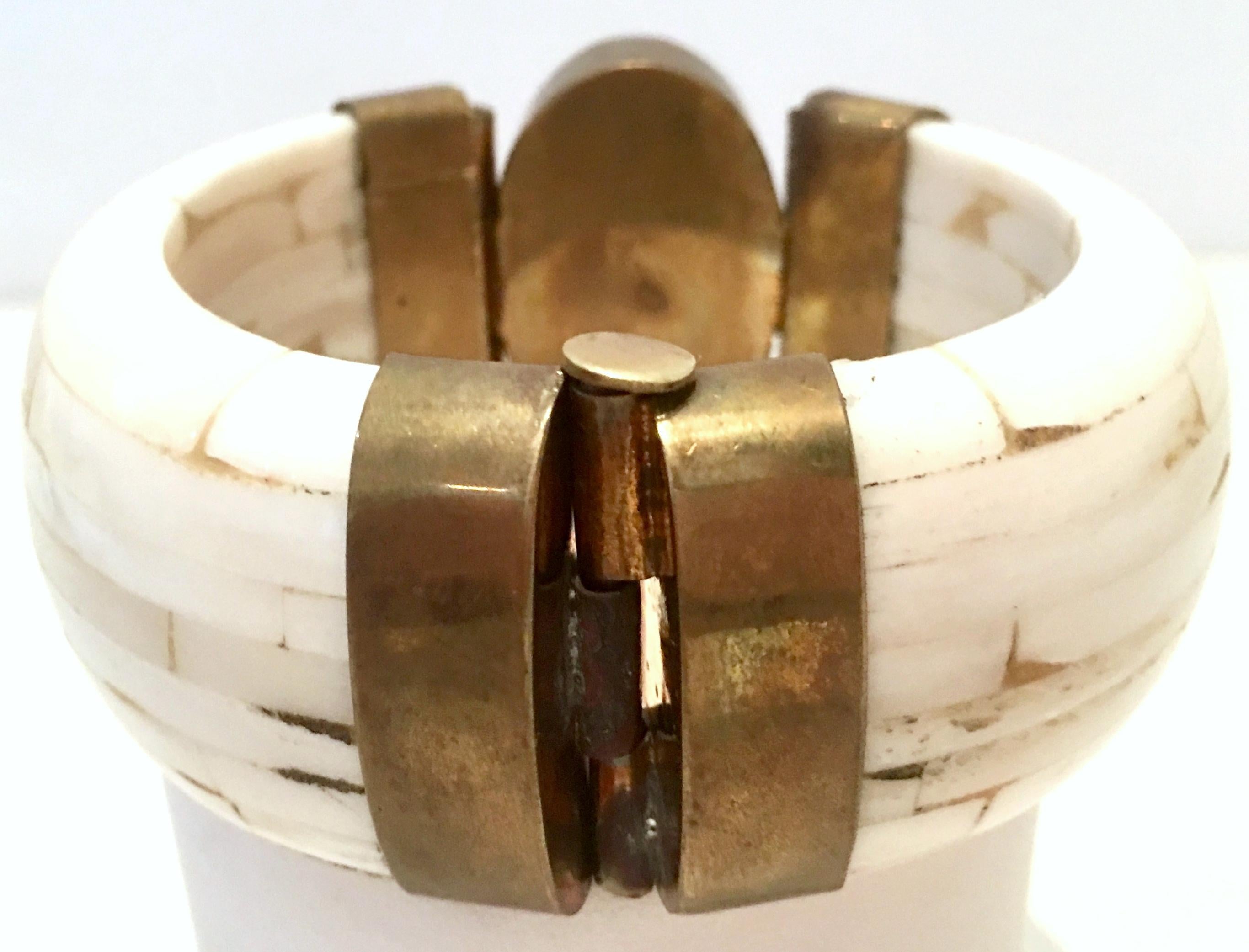 1970'S Gilt Brass Carved Bone & Tigers Eye Hinge Bangle Bracelet For Sale 1