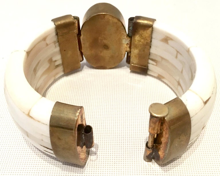 1970'S Gilt Brass Carved Bone and Tigers Eye Hinge Bangle Bracelet For