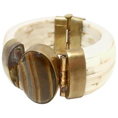 1970'S Gilt Brass Carved Bone & Tigers Eye Hinge Bangle Bracelet