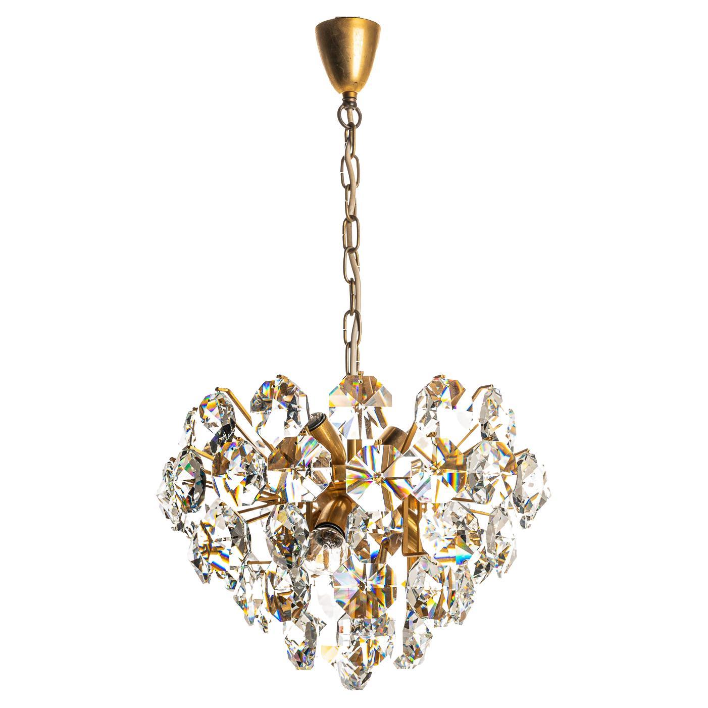 1970's Gilt Brass & Crystal Glass Chandelier in Style of Palwa For Sale